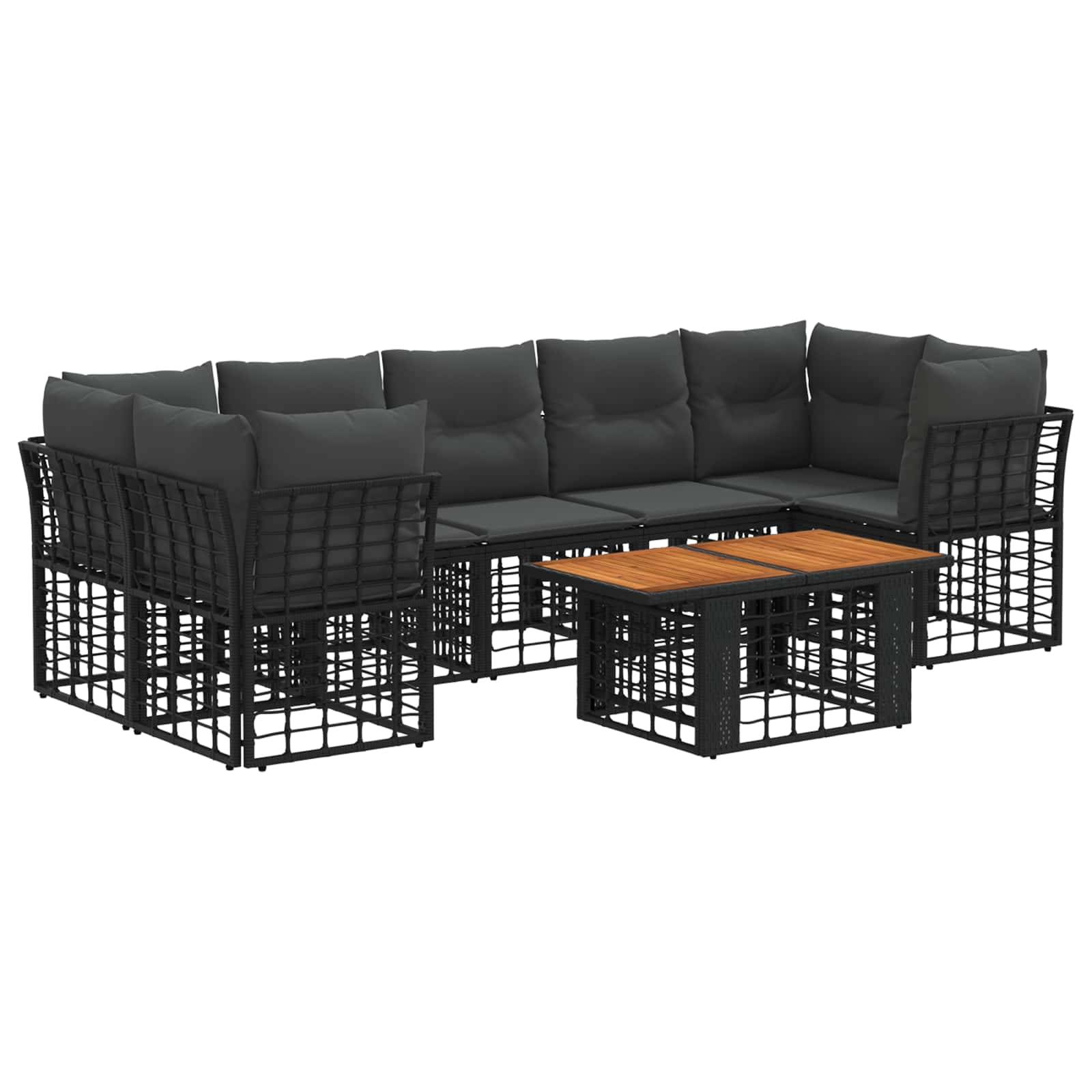 Outdoor-Ecksofa-Set für die Terrasse mit schwarzem Metallrahmen, dunklen Kissen und kleinem Couchtisch mit Lamellen