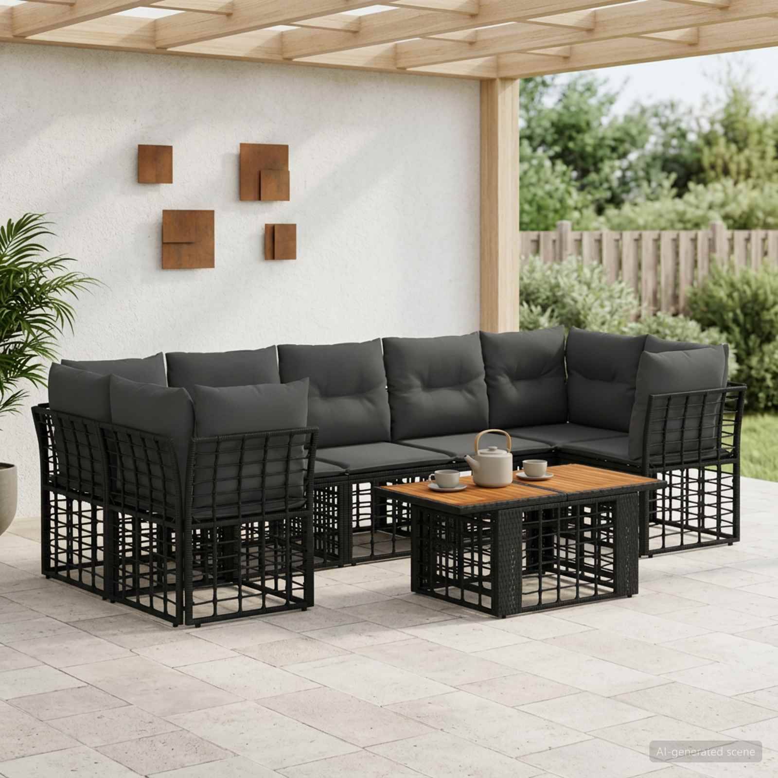 Outdoor-Terrassensitzgarnitur mit dunklem gepolstertem Ecksofa, passendem Sessel und Couchtisch mit Holzplatte unter einer Pergola.