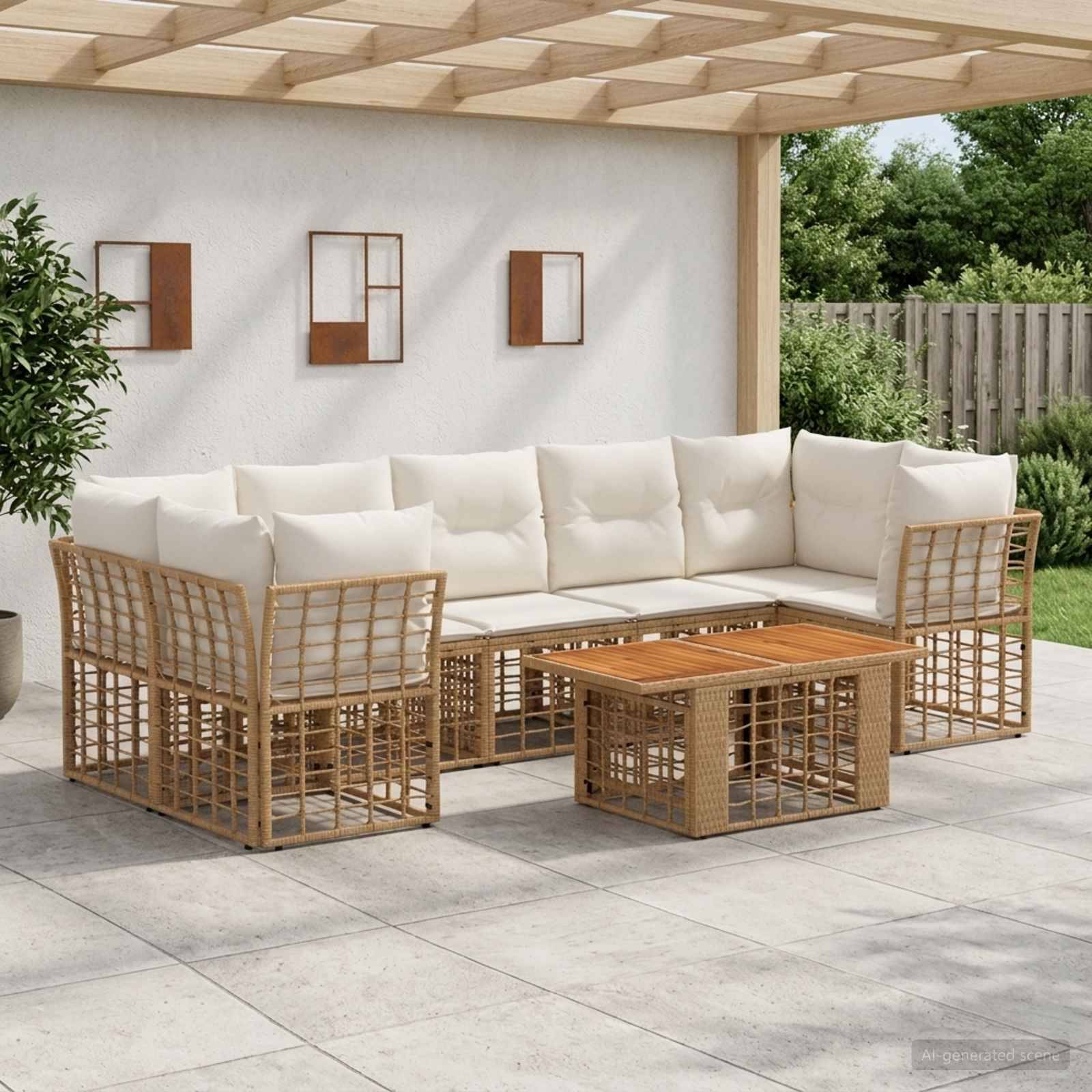 Outdoor-Sitzgarnitur für die Terrasse mit cremefarbenen Kissen, geflochtenem Rattanstil-Ecksofa und passendem Couchtisch unter einer überdachten Terrasse.