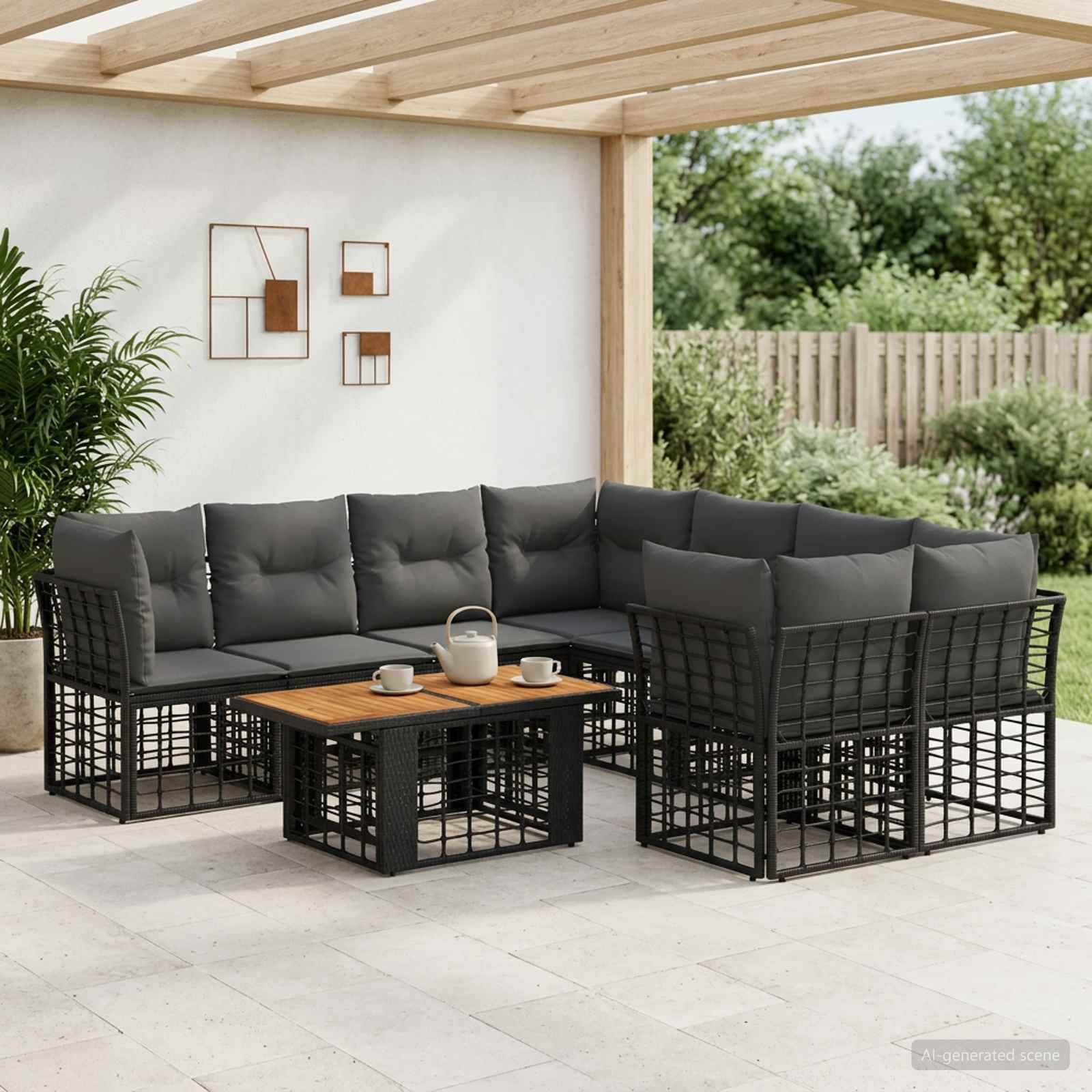 Außenbereich-Sitzmöbelset mit schwarzem Metallrahmen, dunklen Kissen und Holzkaffeetisch unter einer überdachten Pergola in einem Garten.