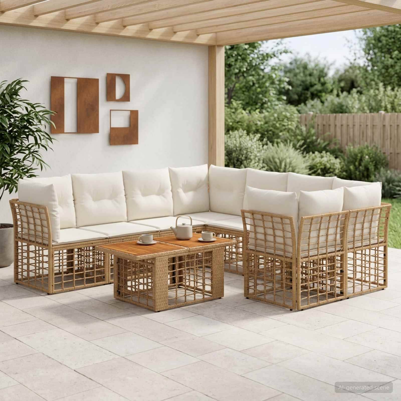 Outdoor-Terrassensitzgruppe mit beigefarbenem gepolstertem Rattansektional, passendem Couchtisch und dekorativer Wandkunst unter einer Pergola.