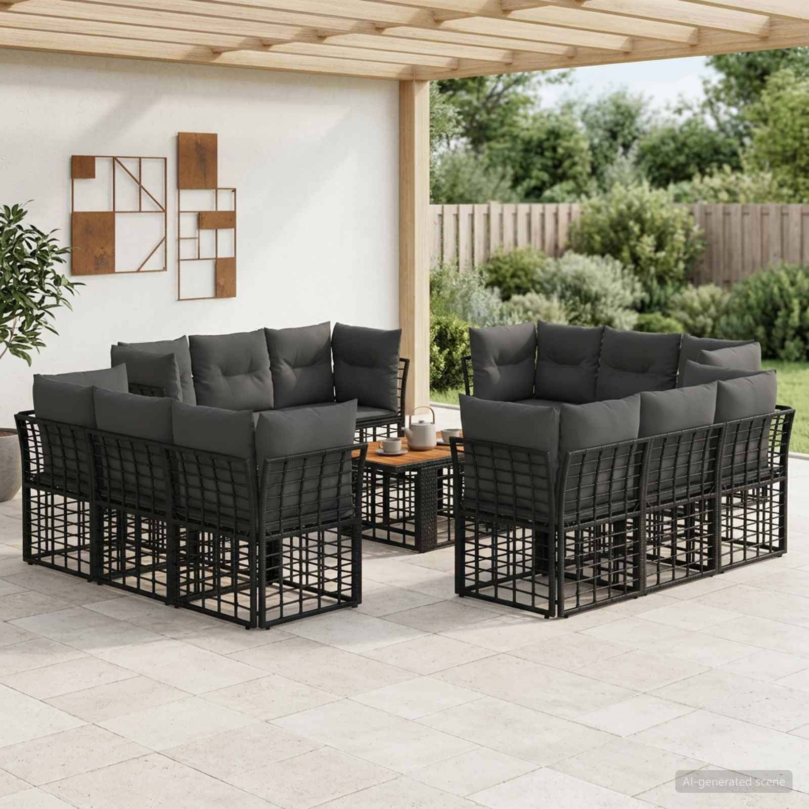 Überdachte Veranda mit zwei schwarzen Outdoor-Lounge-Sets um einen kleinen Tisch, vor einem eingezäunten Garten.