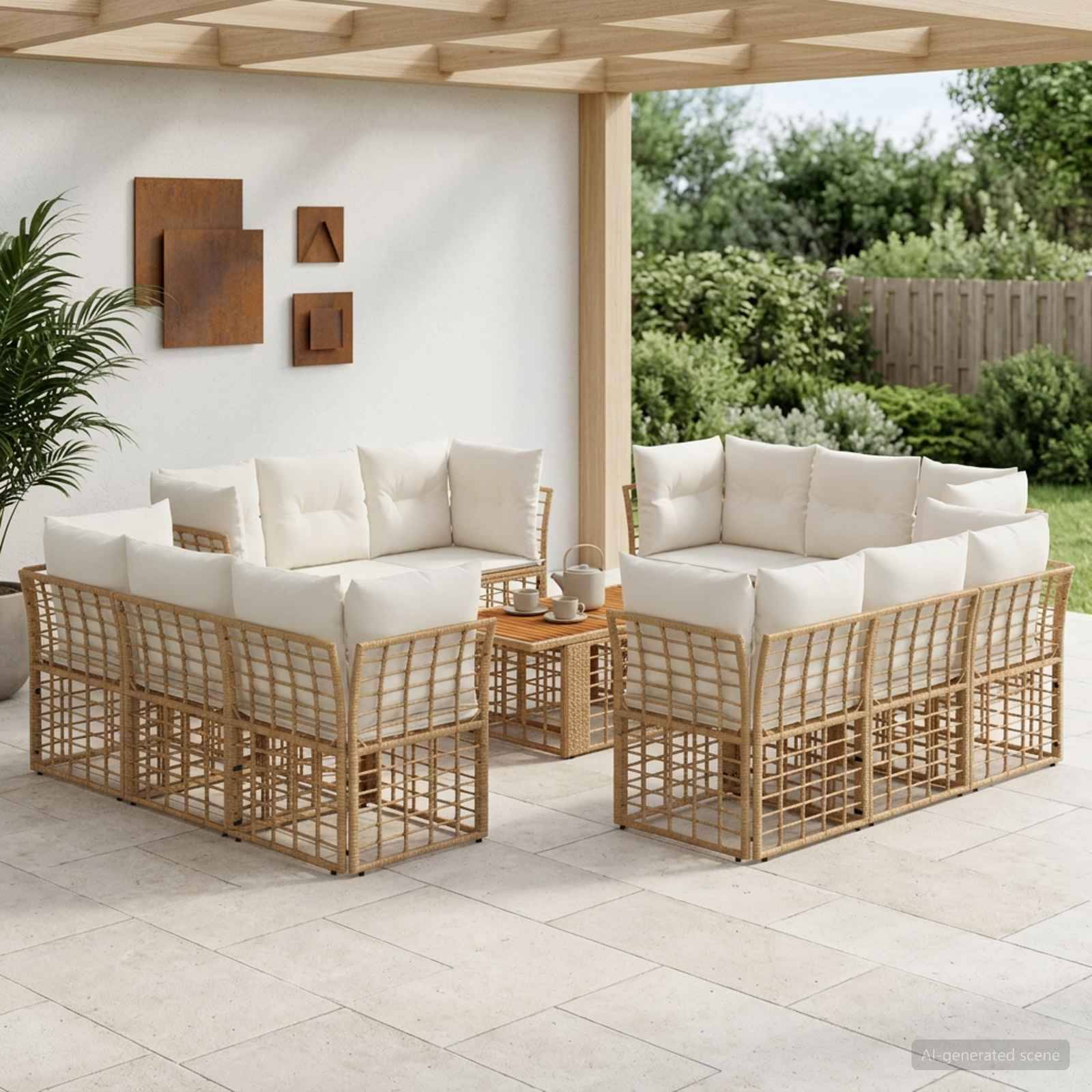 Außenbereich einer Terrasse mit zwei Korbsektionalsofas, cremefarbenen Kissen und einem passenden Couchtisch unter einer Holzpergola.