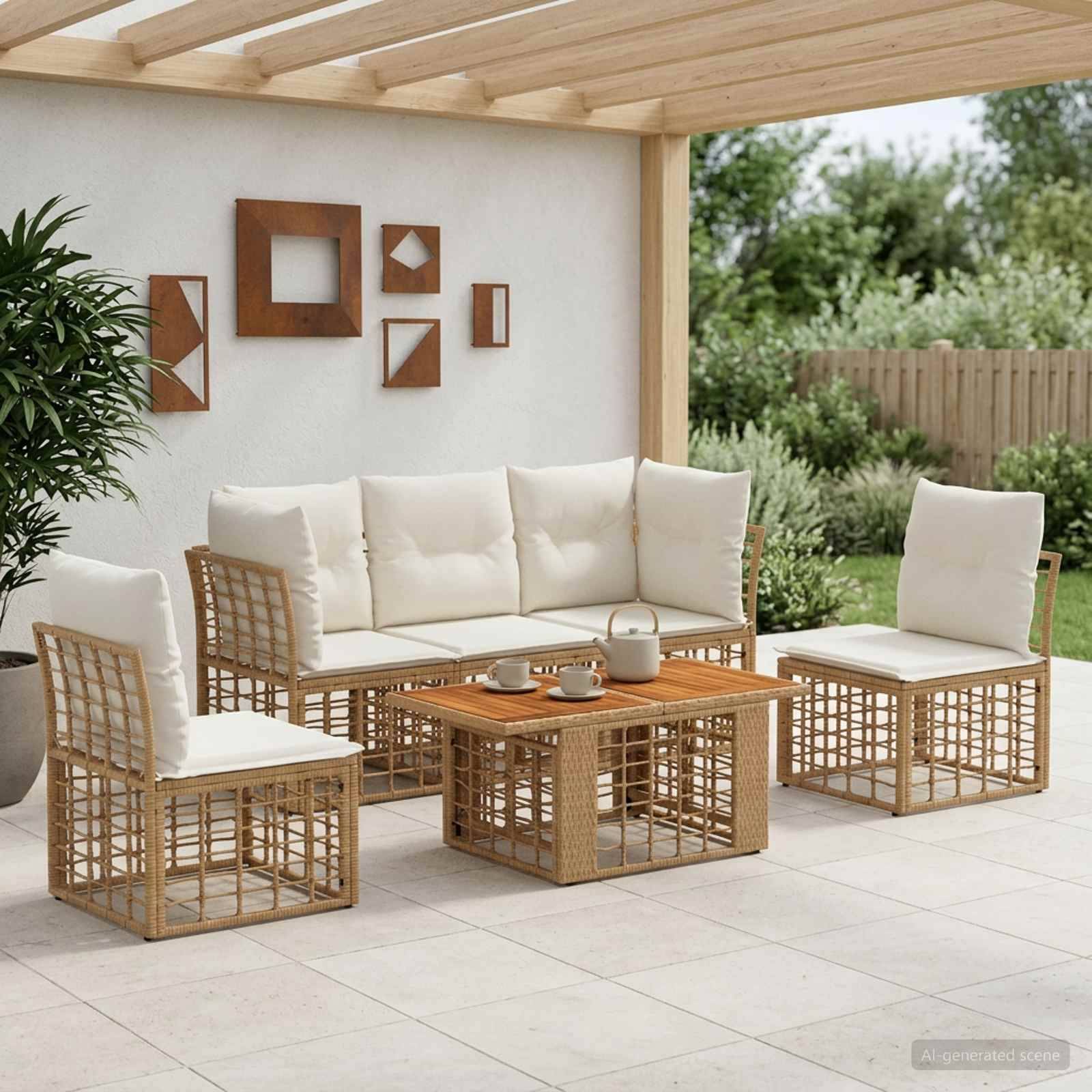 Gartenmöbel-Set für die Terrasse mit Polyrattan-Sofa, zwei Stühlen, Couchtisch und cremefarbenen Kissen unter einer Holzpergola mit Blick auf einen Garten.