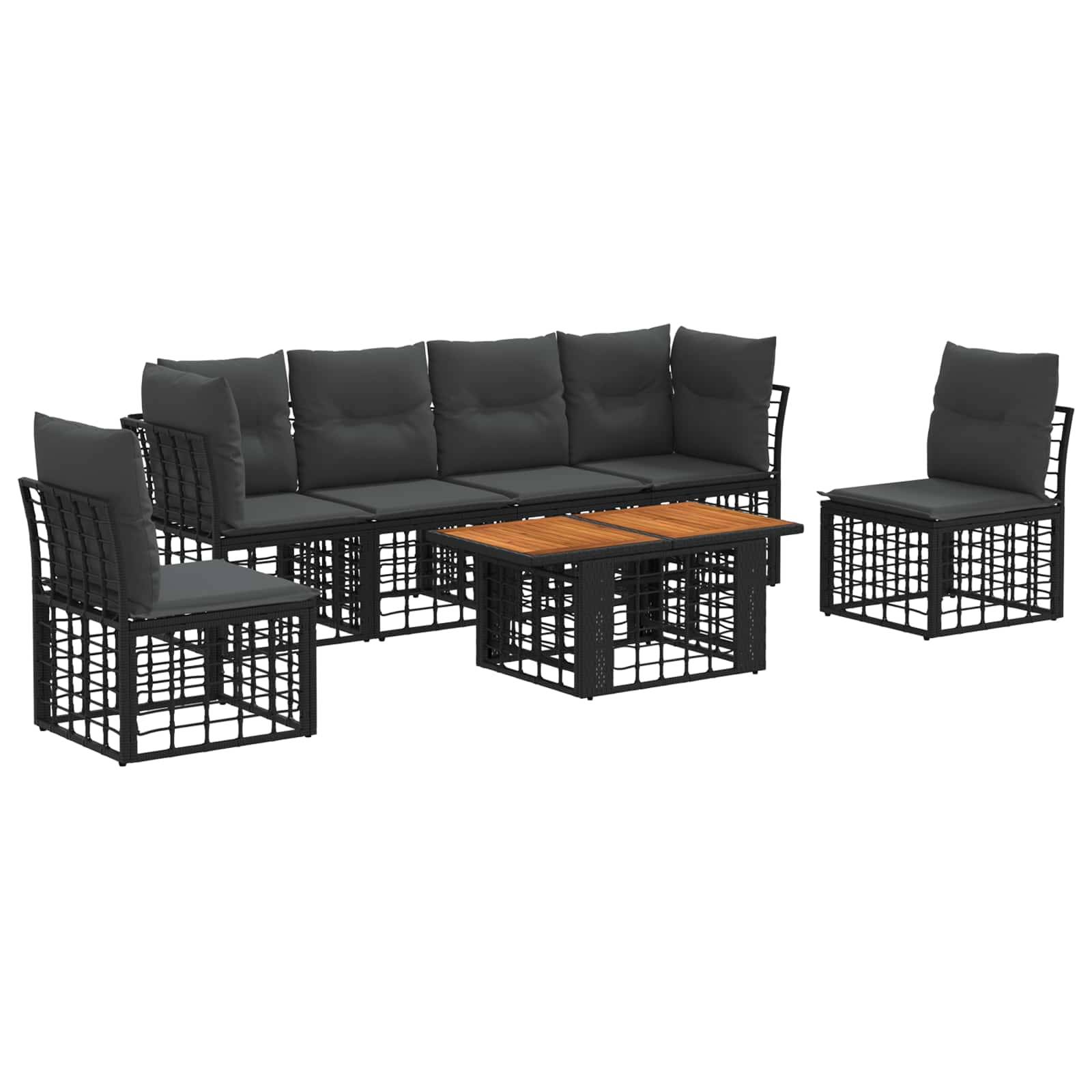 Schwarzes Gartenmöbel-Set für den Außenbereich mit gepolstertem Sofa, zwei Stühlen und einem Couchtisch mit Holzplatte
