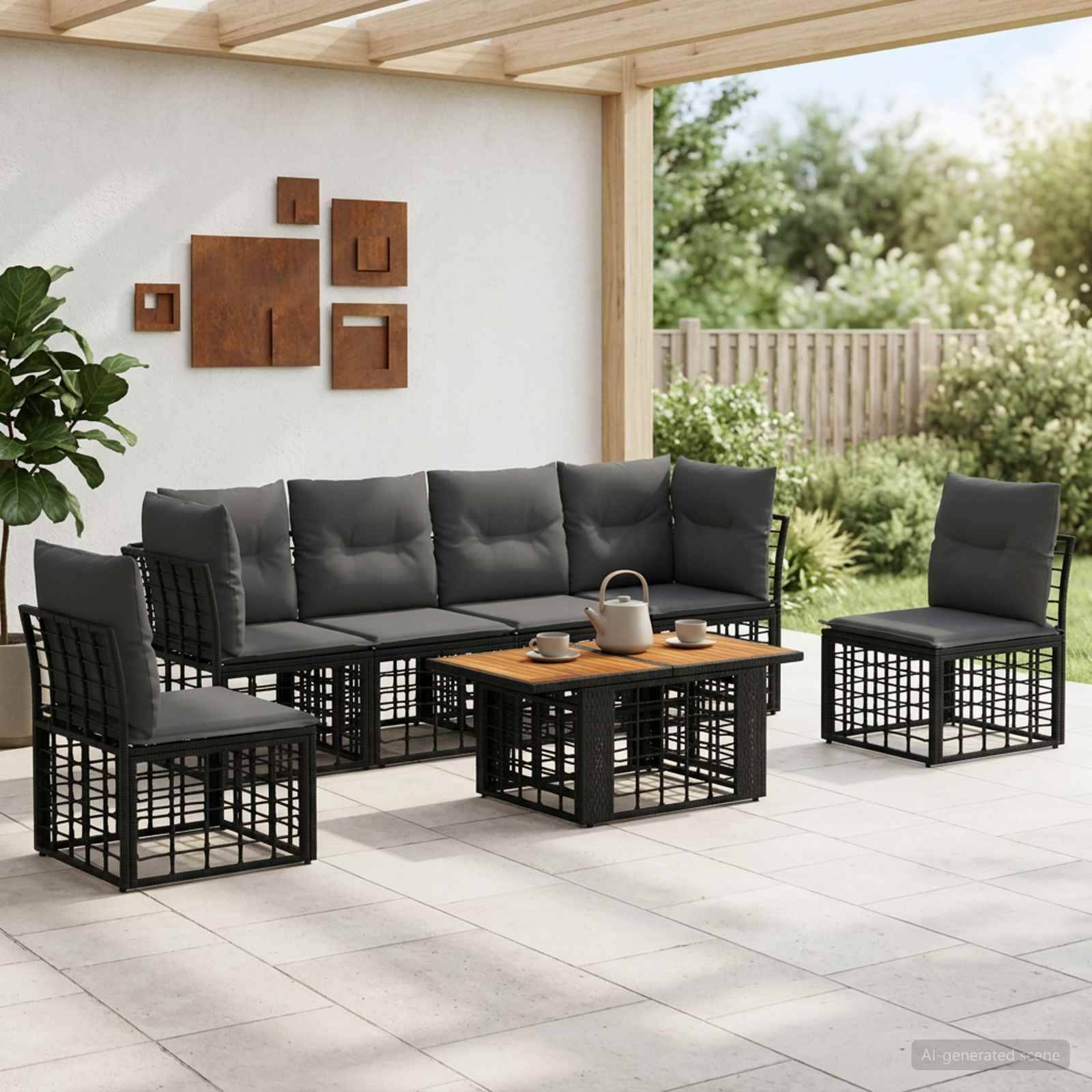 Sitzgarnitur für die Terrasse mit schwarzem Flechtsofa und Stühlen um einen Couchtisch mit Holzplatte unter einer überdachten Pergola.