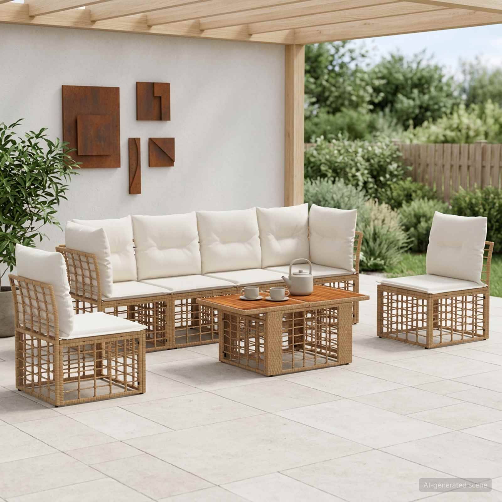 Gartenmöbel-Set für die Terrasse mit cremefarbenen Kissen und geflochtenen Holzoptik-Rahmen, bestehend aus einem Sofa, Stühlen und einem Couchtisch unter einer Pergola.