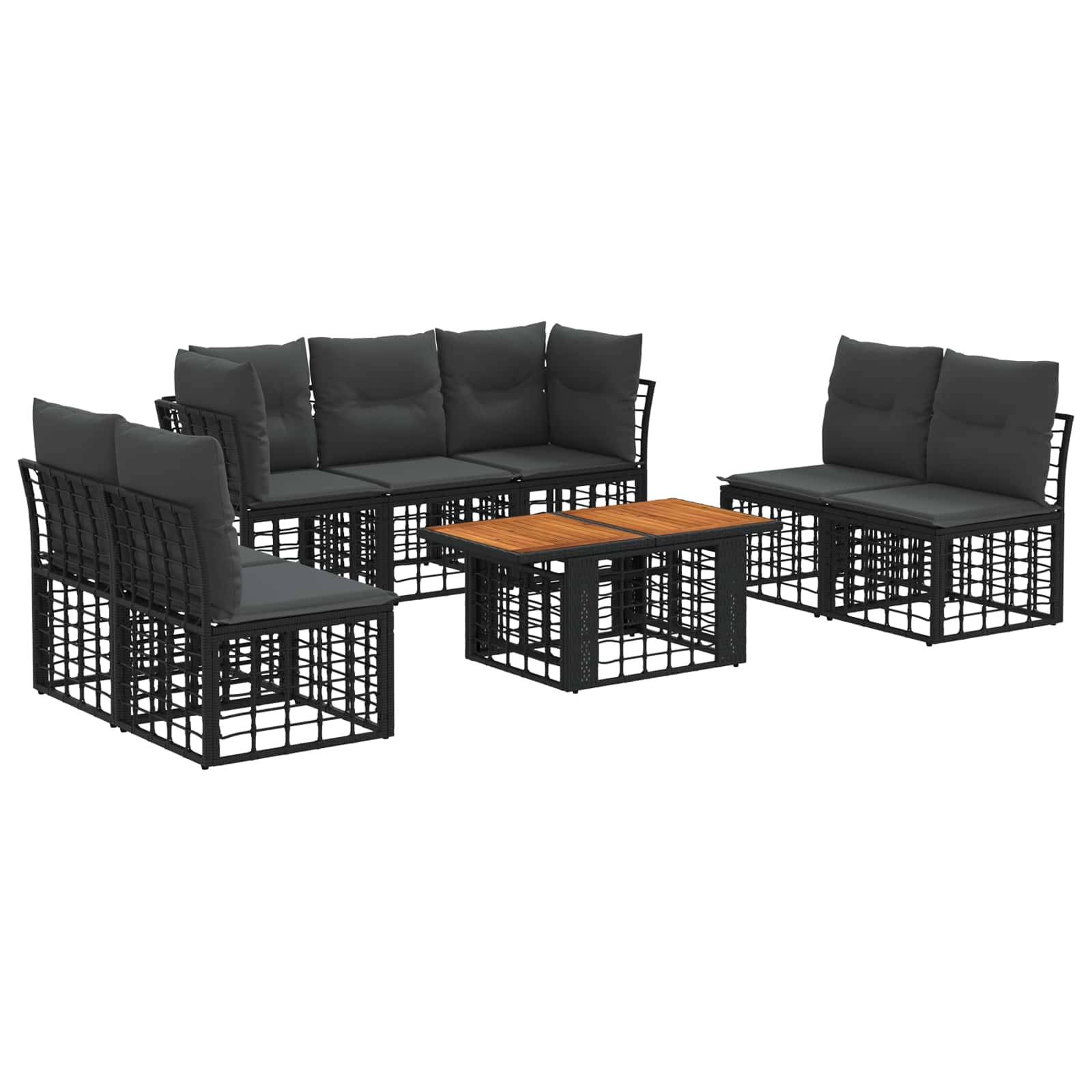 Schwarzes Outdoor-Sitzmöbelset für die Terrasse mit Sofa, zwei Stühlen und hölzernem Couchtisch auf weißem Hintergrund.