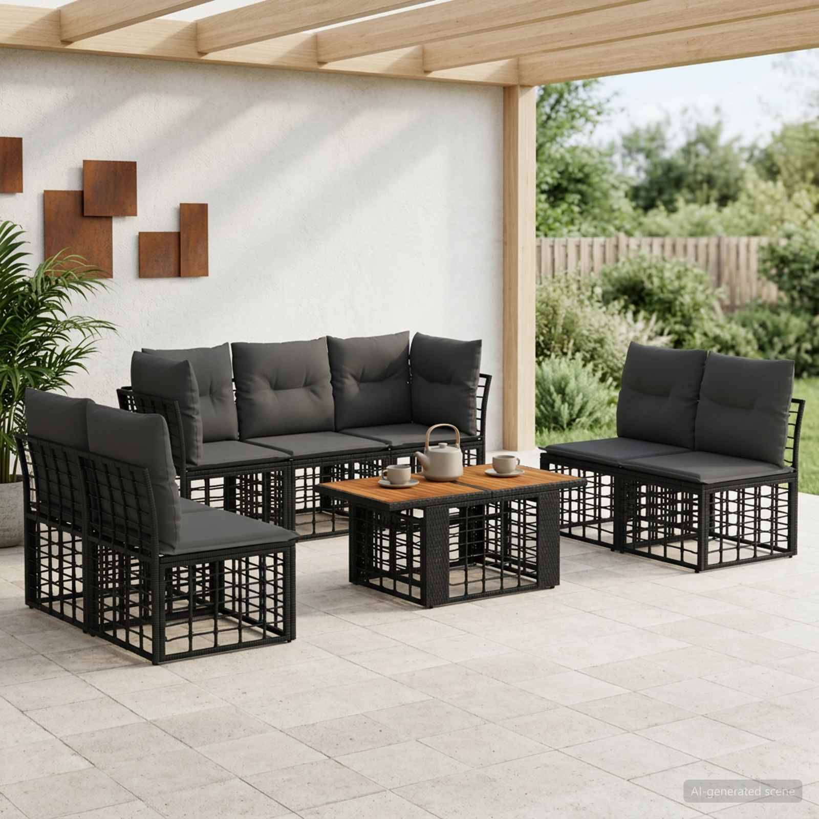 Gartenset für die Terrasse mit Sitzmöbeln aus schwarzem Metallrahmen, grauen Kissen und einem hölzernen Couchtisch unter einer überdachten Pergola.
