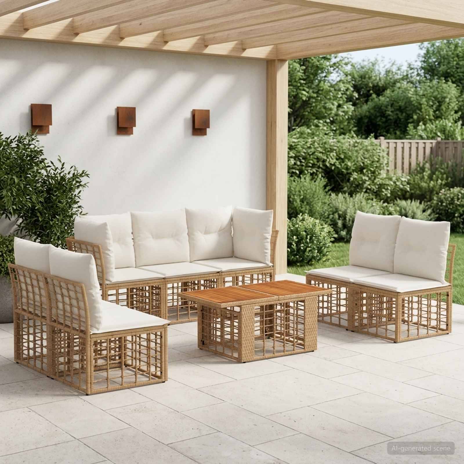 Gartenbereich mit Sitzgruppe aus Polyrattan-Sofas, Stühlen und Couchtisch unter einer Holzpergola in einer landschaftlich gestalteten Gartenanlage.