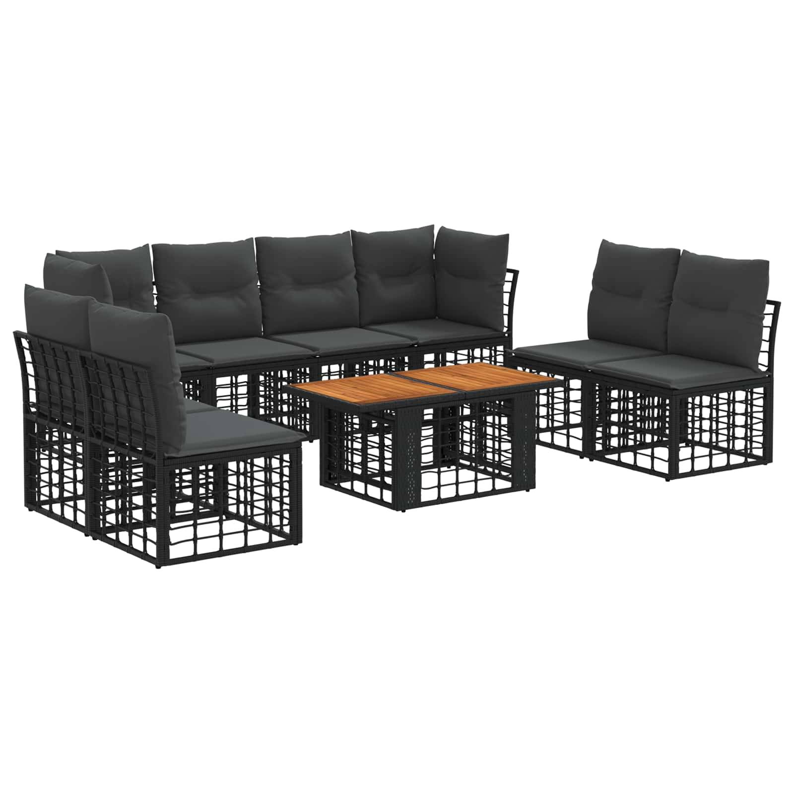 Schwarzes Outdoor-Patio-Sectional-Set mit grauen Kissen und einem Couchtisch mit Holzplatte auf weißem Hintergrund.