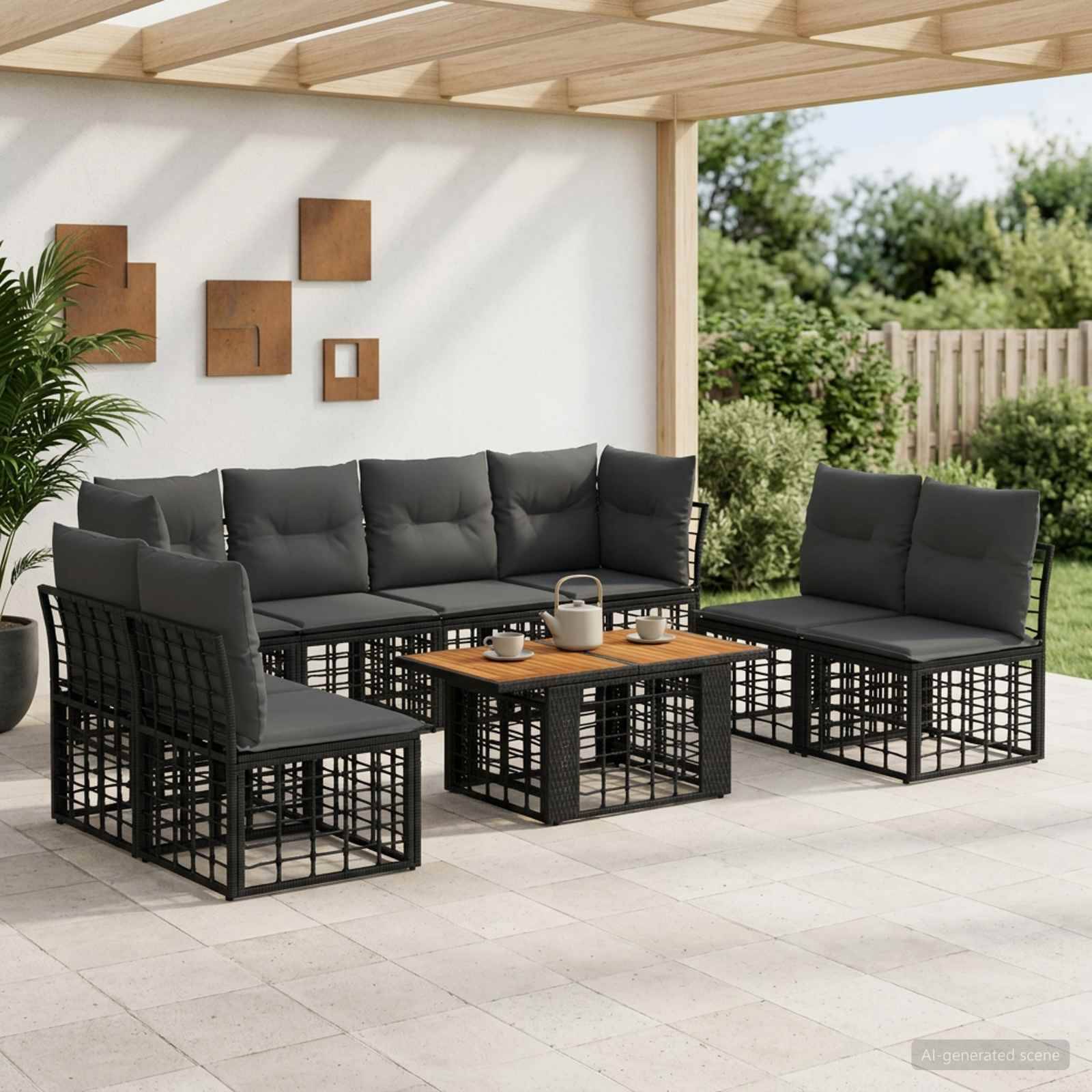Moderner Outdoor-Sitzbereich mit dunkel gepolsterten Terrassensessel und einem Couchtisch mit Holzoberfläche unter einer Pergola.