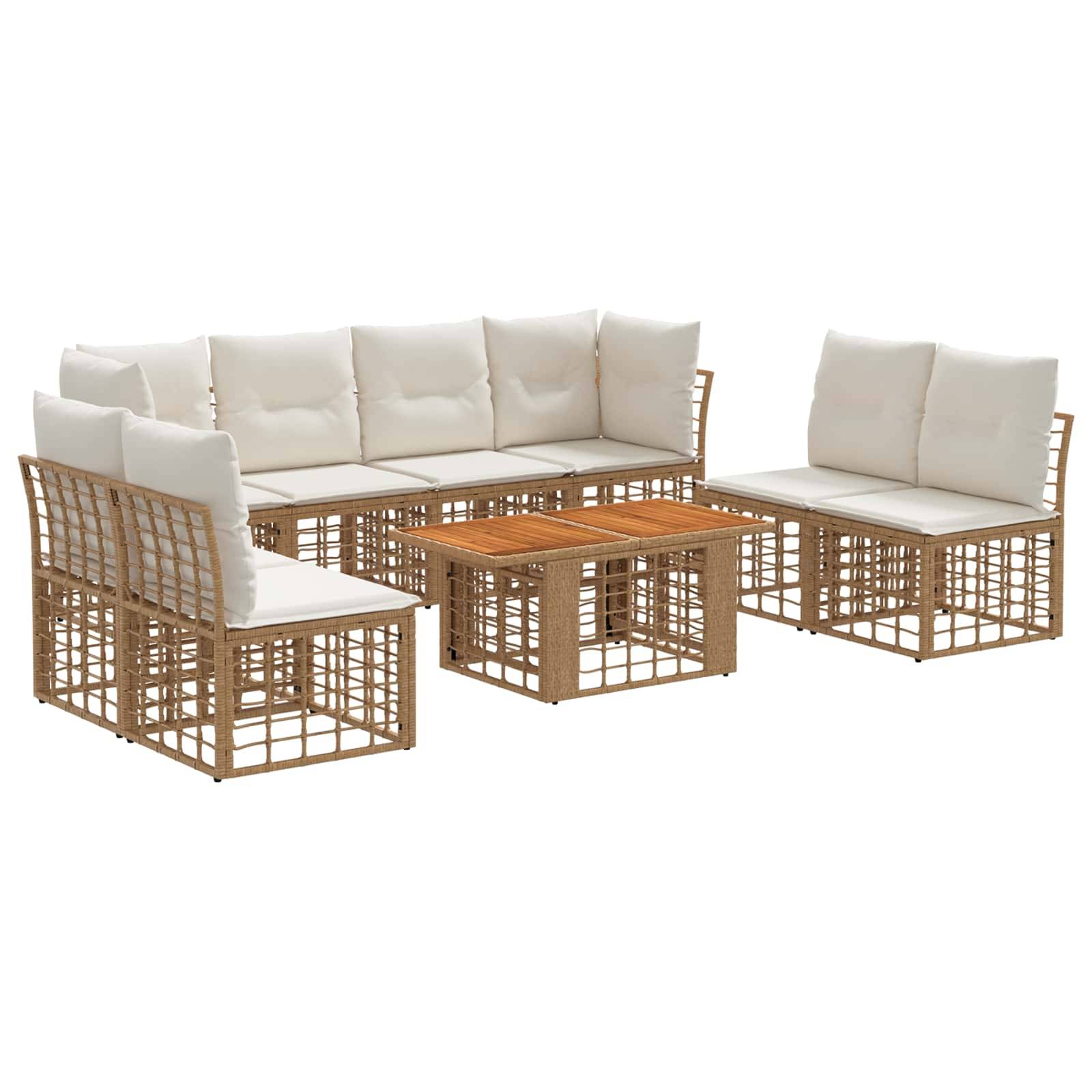Outdoor-Korbmöbelset für die Terrasse mit cremefarbenen Kissen, bestehend aus einem Ecksofa, zwei Stühlen und einem quadratischen Couchtisch