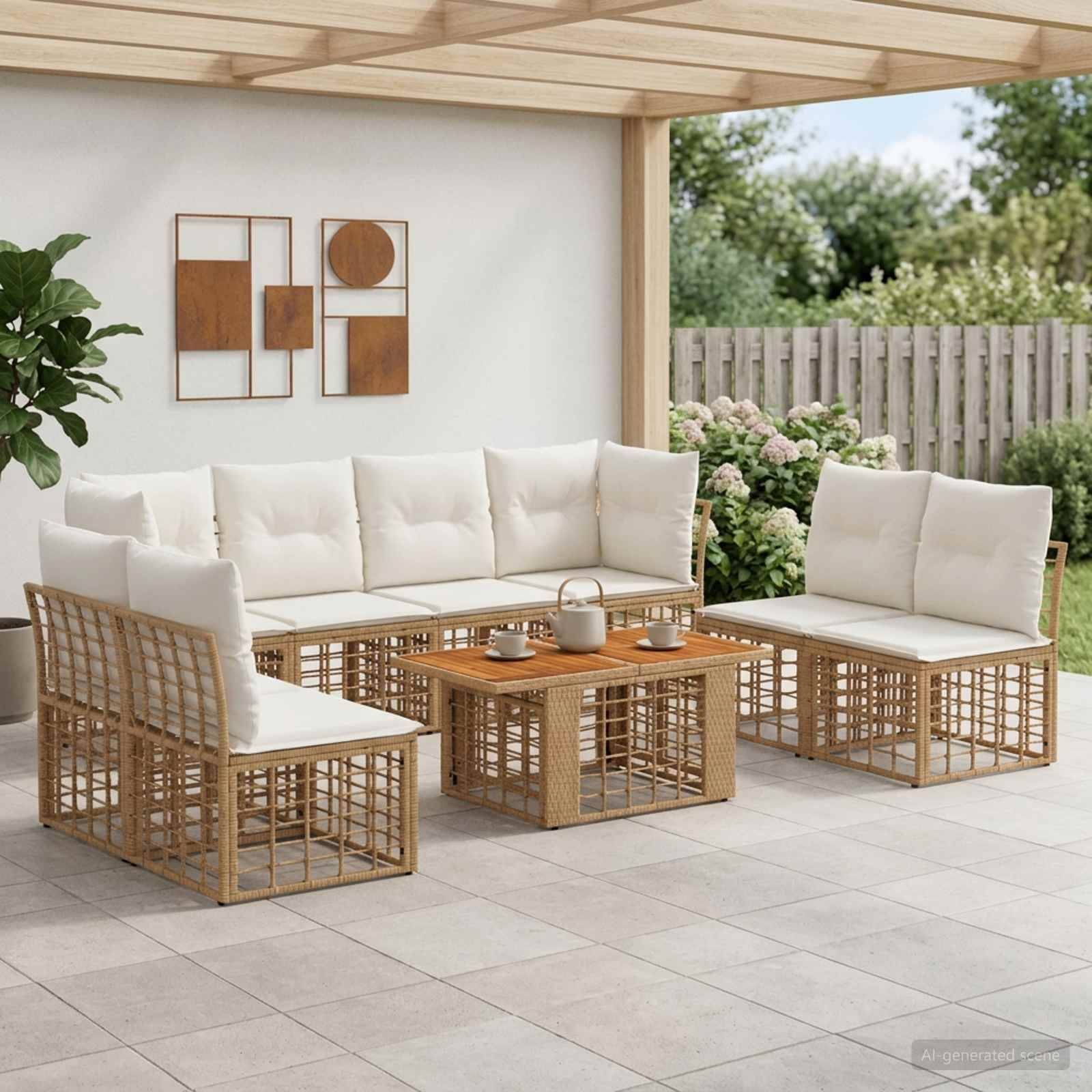 Outdoor-Terrassensitzgruppe mit cremefarbenen Kissen, Rattanstil-Sofa und Stühlen um einen Holz-Couchtisch unter einer überdachten Pergola.
