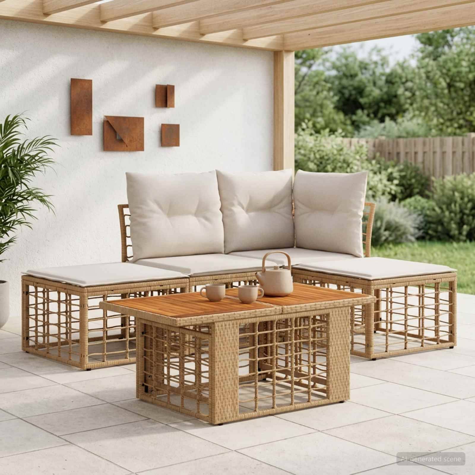 Überdachte Terasse mit Korbrattan-Ecksofa, gepolsterten Sitzflächen und passendem Couchtisch unter einer Pergola, mit Gartenhintergrund.