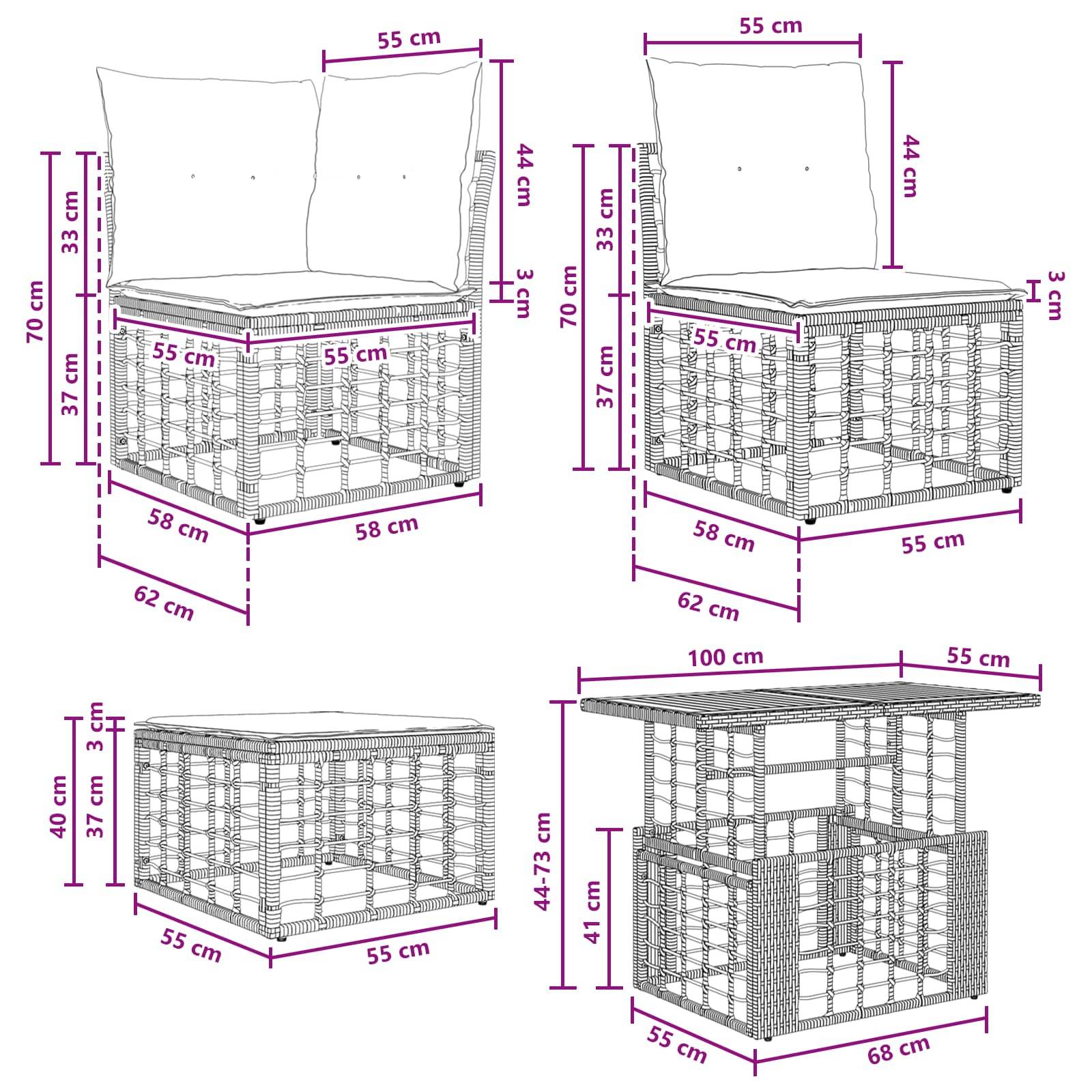Diagramm eines Korbmöbel-Gartenmöbelsatzes mit vier Winkelansichten und Abmessungen in cm, einschließlich Sitz-, Rücken- und Tischmessungen.