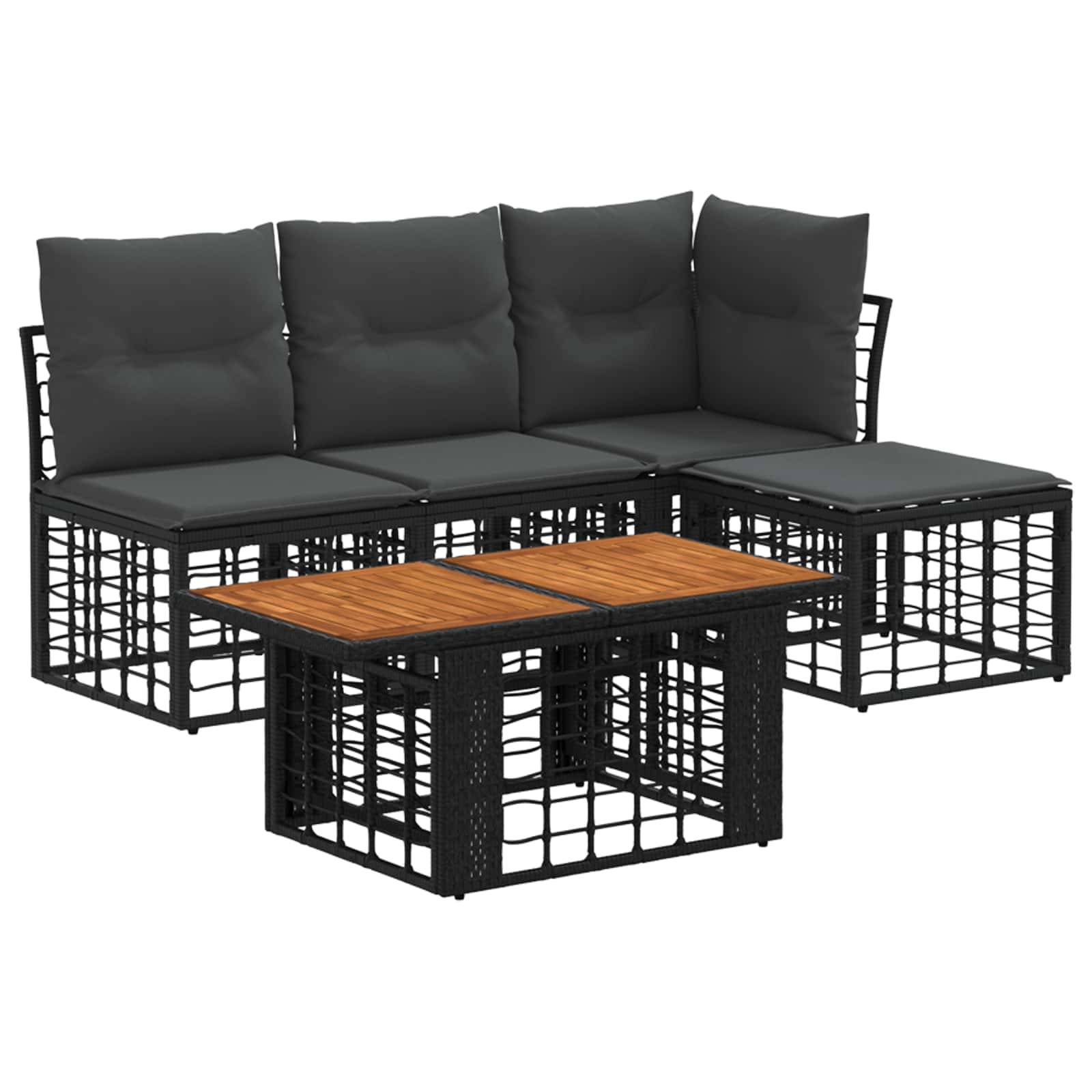 Schwarzes Rattan-Außensektionalsofa mit grauen Kissen und einem passenden Couchtisch mit Holzplatte auf weißem Hintergrund.