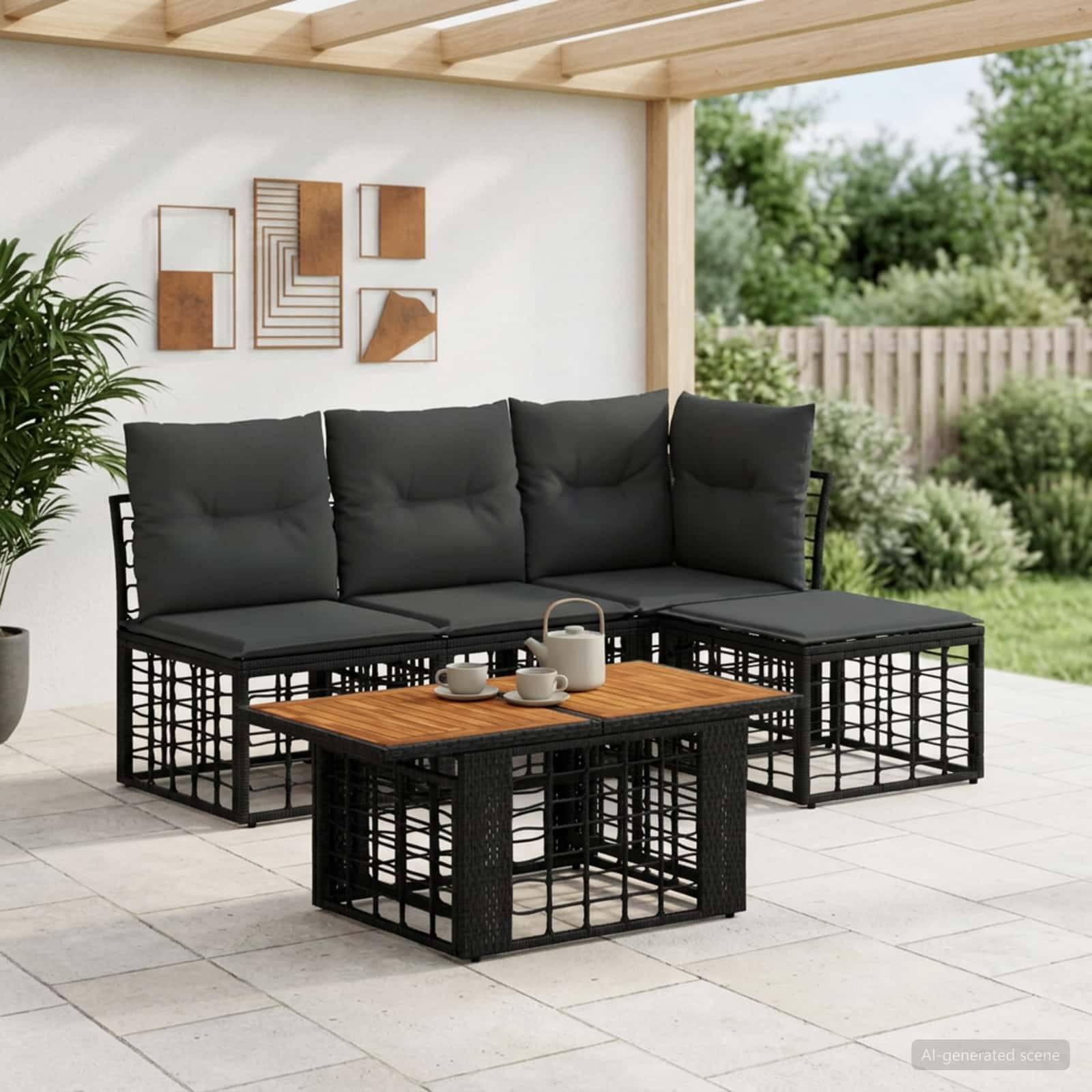 Outdoor-Terrassenmöbel-Set mit schwarzem gepolstertem Ecksofa und passendem Couchtisch auf einer überdachten Terrasse mit Gartenblick.
