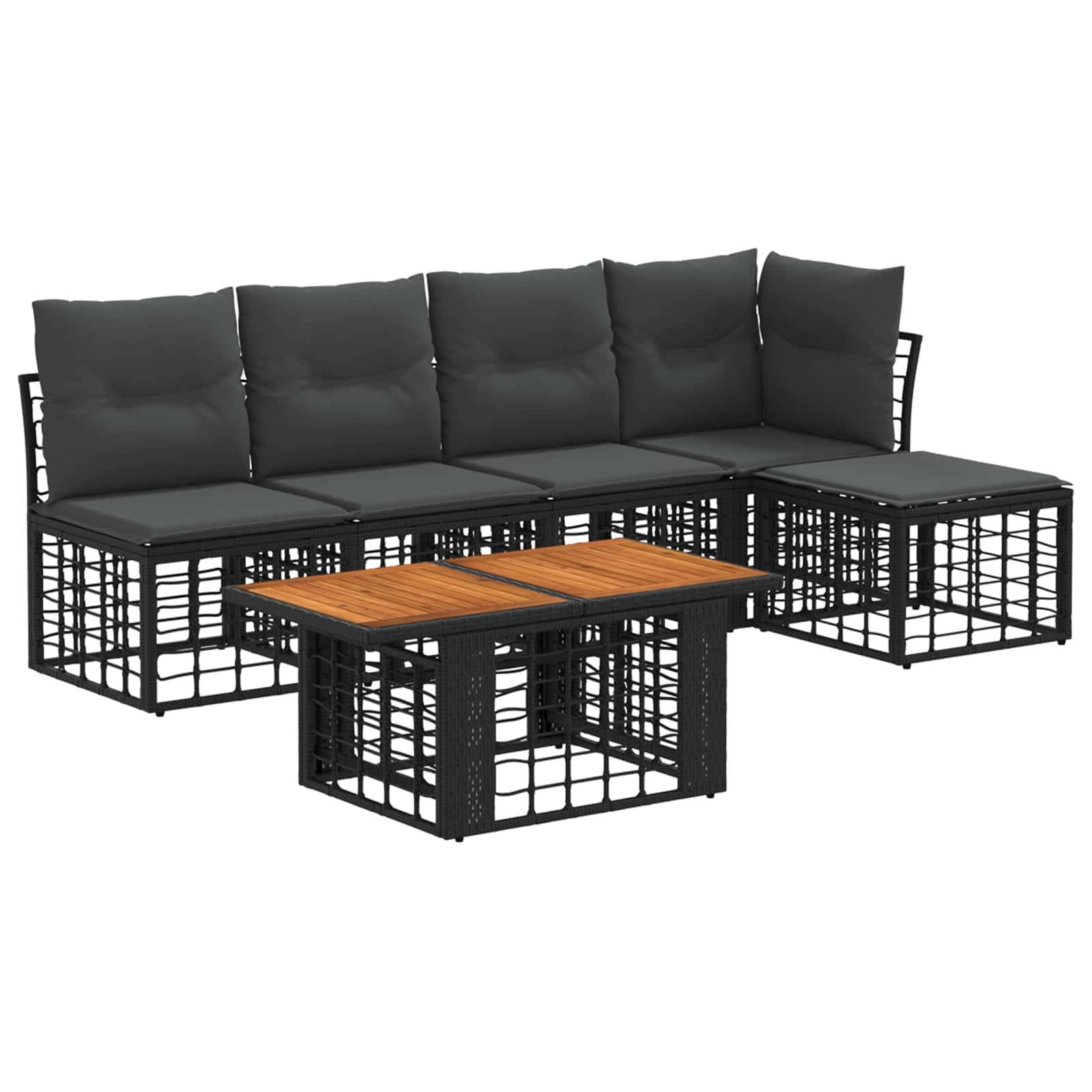 Schwarze Outdoor-Eckgarnitur mit grauen Kissen und passendem Couchtisch mit Holzplatte auf weißem Hintergrund.
