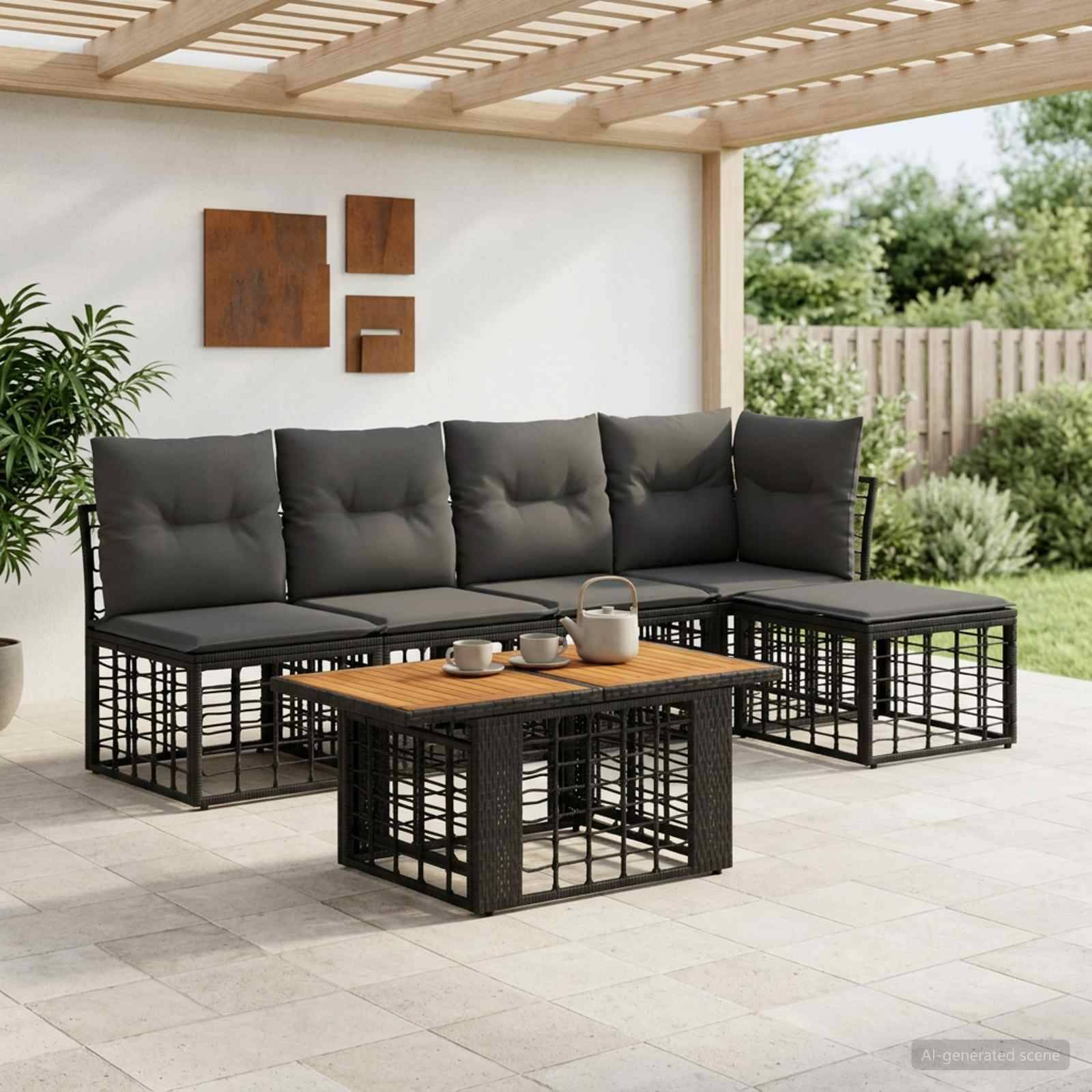 Outdoor-Sitzgarnitur mit dunkelgepolstertem Ecksofa, Couchtisch mit Holzplatte und Pergola in einer Gartenumgebung