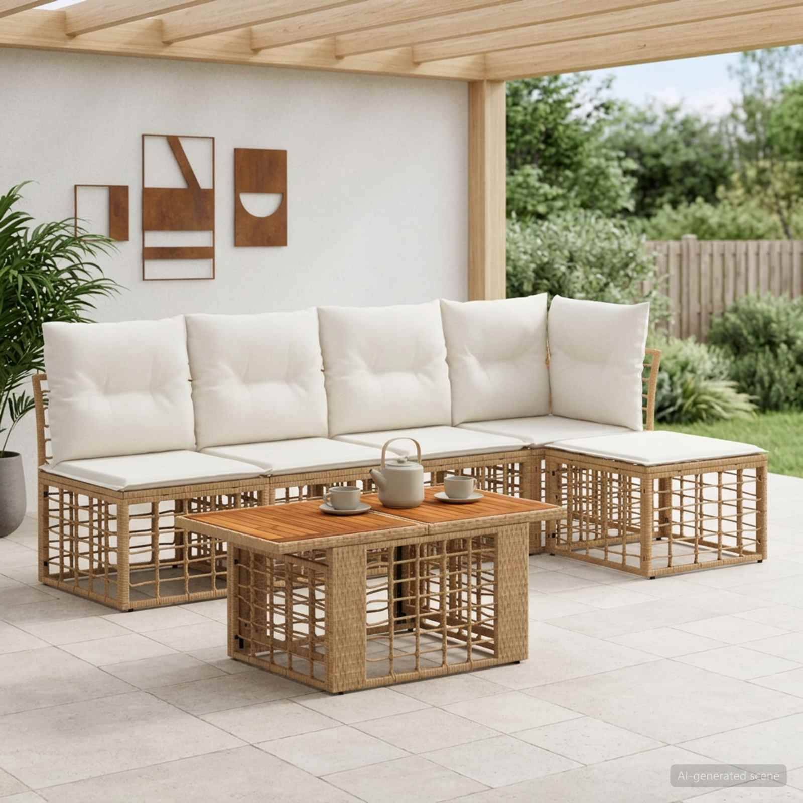 Gartenmöbel-Sektionalsofa im Freien mit weißen Kissen und geflochtenen Holzoptik-Rahmen, zentriert um einen passenden Couchtisch mit Teeservice, unter einer überdachten Terrasse.