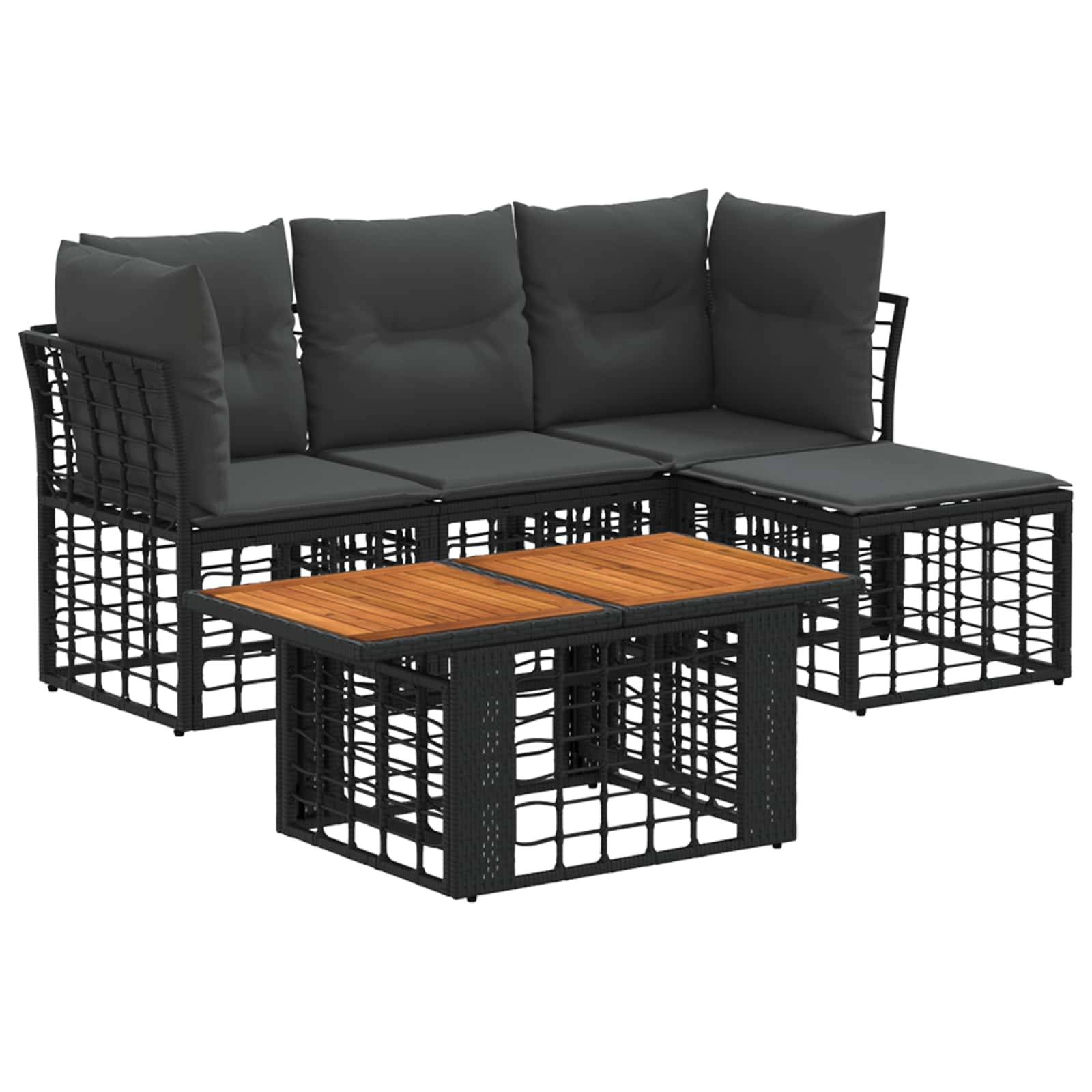 Outdoor-Loungegruppe aus schwarzem Polyrattan mit dunklen Kissen und passendem Couchtisch mit Holzplatte