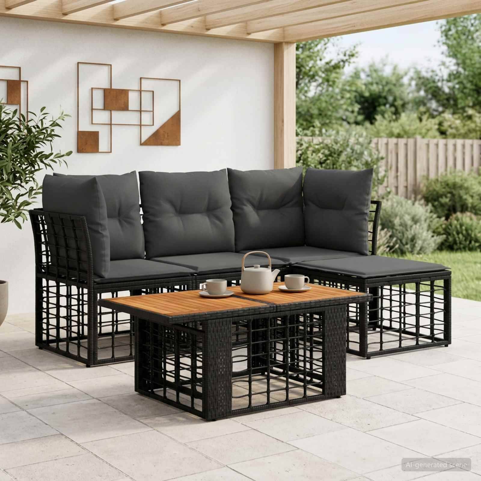 Modernes Outdoor-Patio-Ecksofa mit grauen Kissen und passendem Couchtisch mit Teekanne und Tassen in einem überdachten Sitzbereich im Garten.