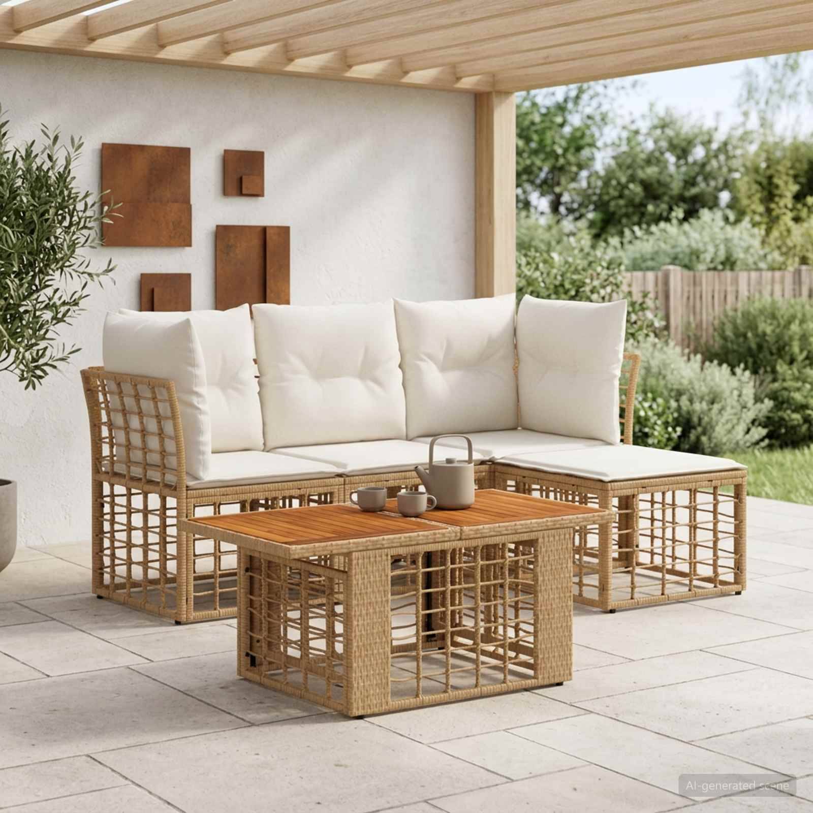 Outdoor-Sitzmöbel-Set mit cremefarbenen Kissen, geflochtener Rattansofa und passendem Couchtisch auf einer modernen überdachten Terrasse.