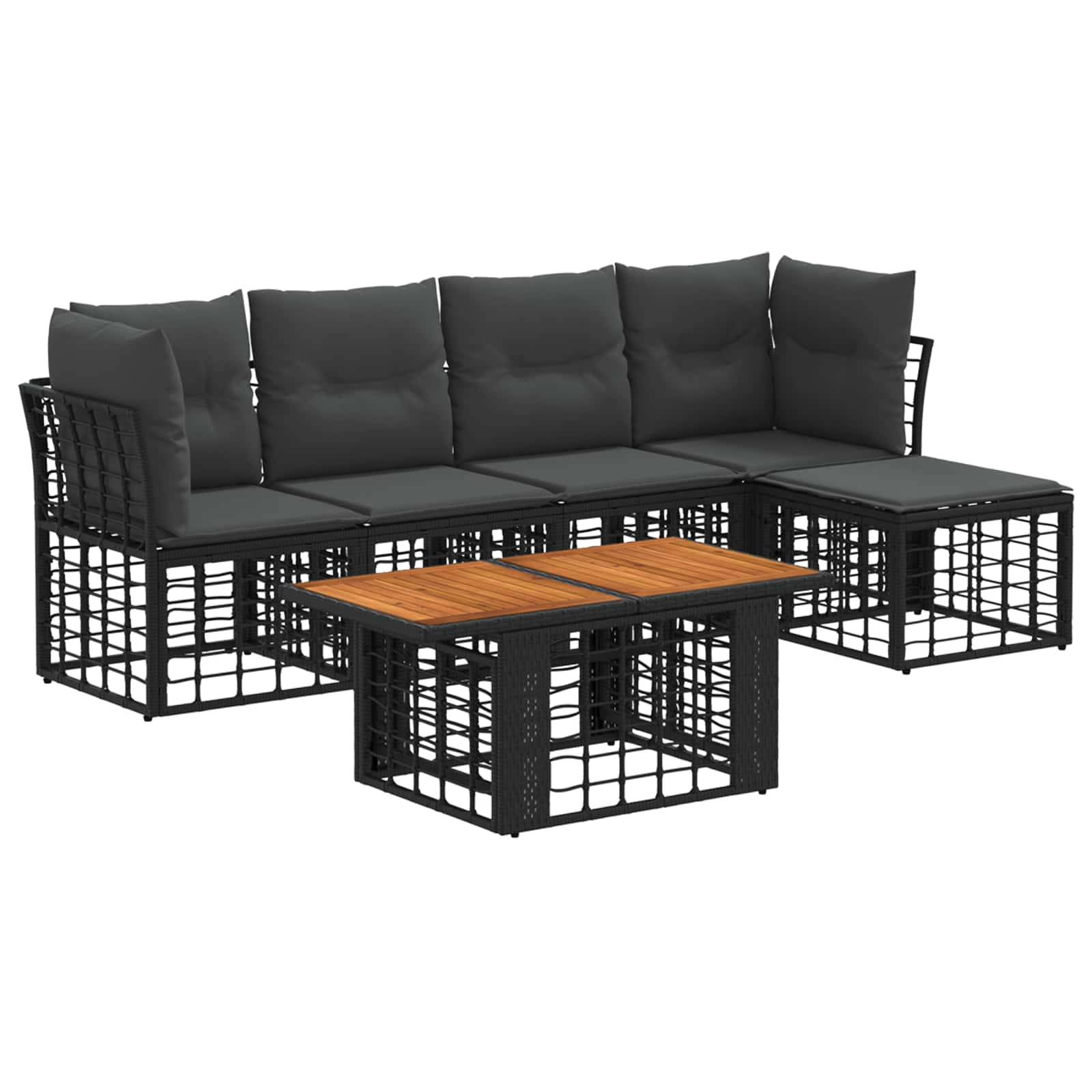 Schwarzes Rattan-Loungeset für den Außenbereich mit grauen Kissen und passendem Couchtisch mit Holzplatte