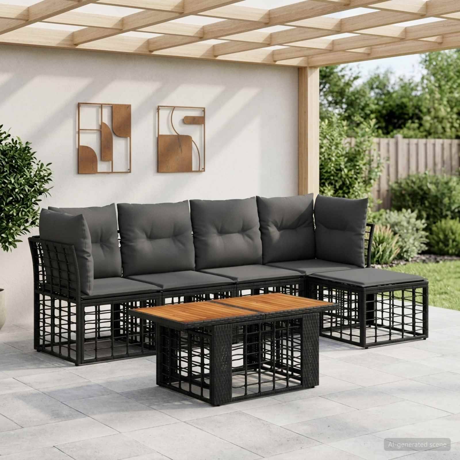 Outdoor-Terrassensektionalsofa-Set mit schwarzem Metallrahmen, dunklen Kissen und Holz-Couchtisch unter einer Pergola.