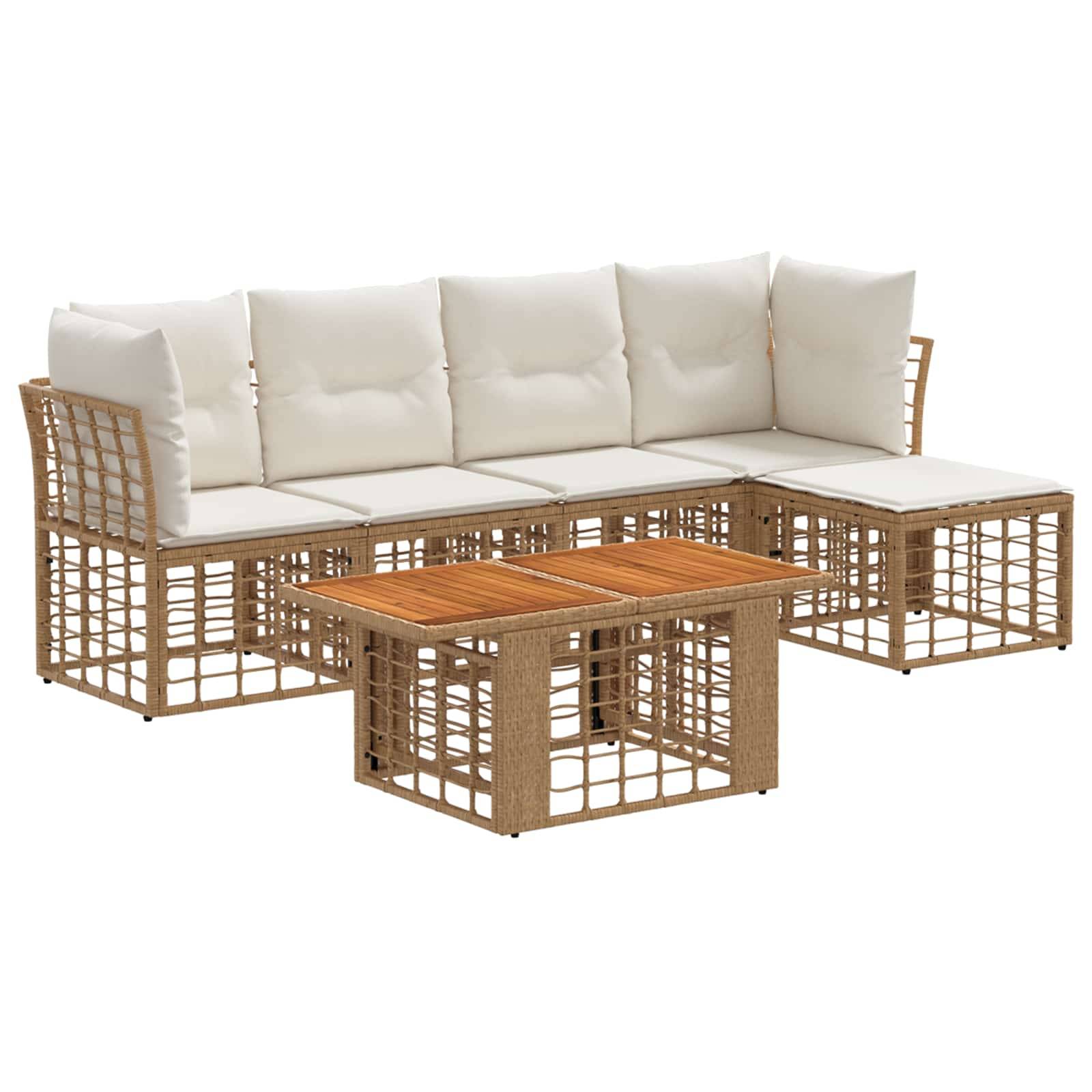 Outdoor-Rattan-Ecksofa-Set mit weißen Kissen und passendem Couchtisch mit Holzplatte auf weißem Hintergrund.