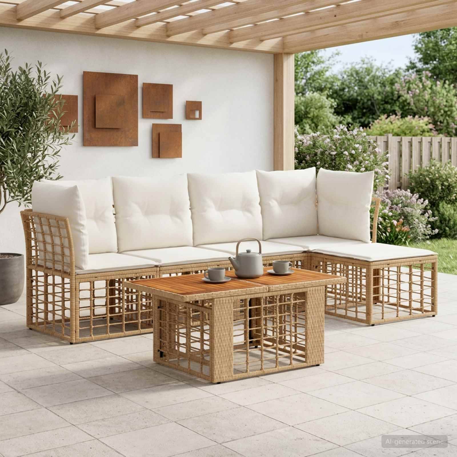 Outdoor-Terrasse mit Wickel-Ecksofa, cremefarbenen Kissen und holzernem Couchtisch unter einer Pergola, mit Garten und Zaun im Hintergrund.