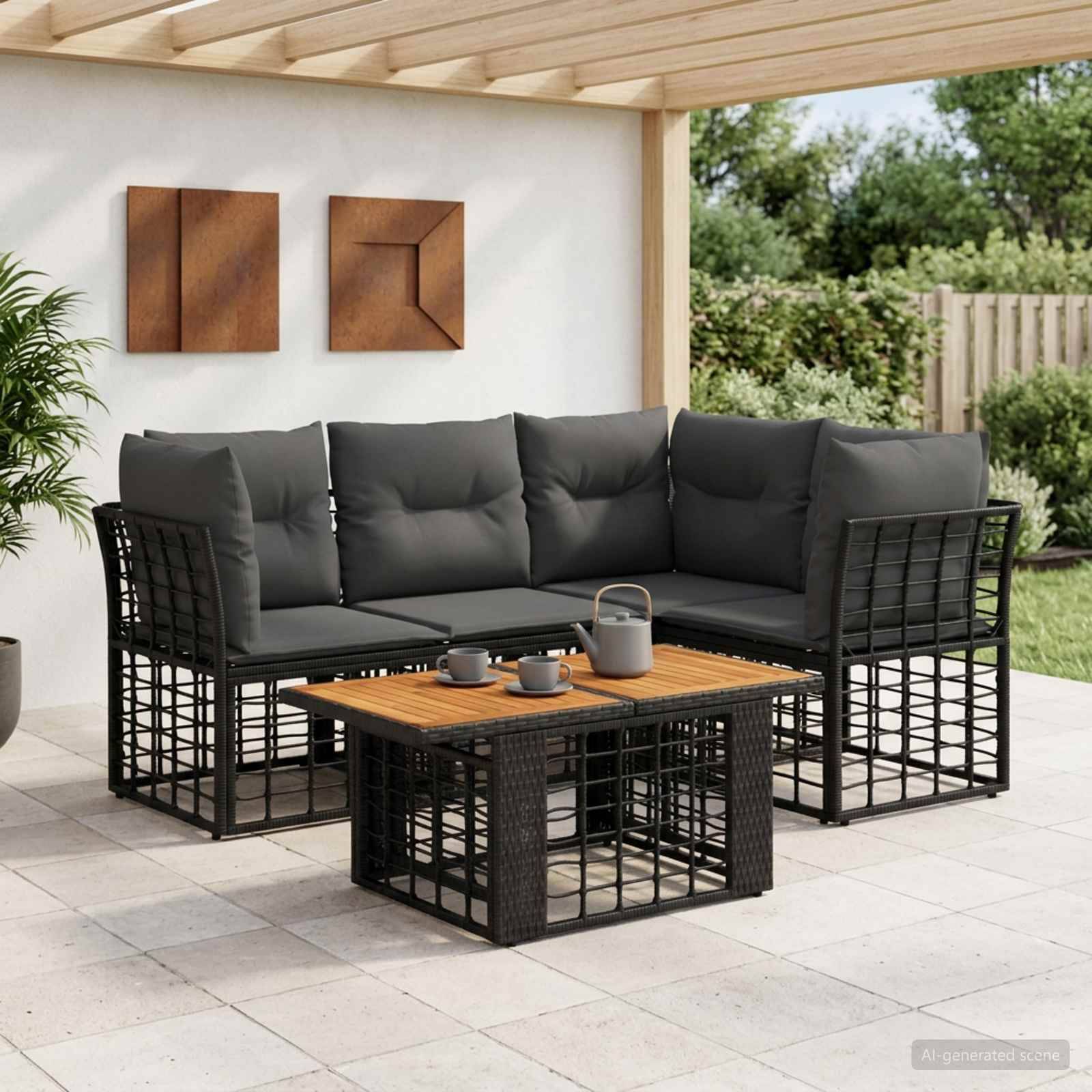 Outdoor-Lounge-Ecksofa-Set mit schwarzem Metallrahmen, dunklen Kissen und Holzplatte-Couchtisch unter einer überdachten Pergola.