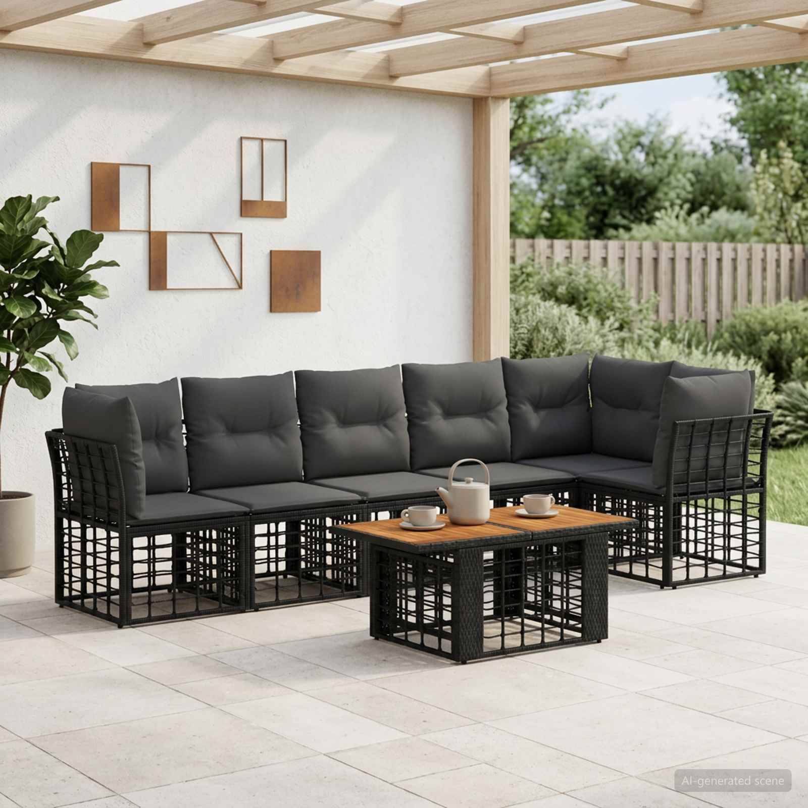 Außenbereich mit schwarzem modularem Ecksofa und passendem Couchtisch unter einer Holzpergola neben einem Garten.