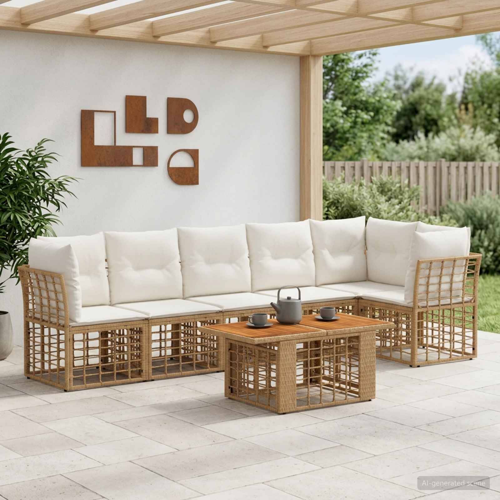 Moderner Außenbereich mit Terrassenmöbeln mit weißem gepolstertem Rattan-Sitzelement, passendem Couchtisch und abstrakter Wandkunst unter einer Holzpergola.