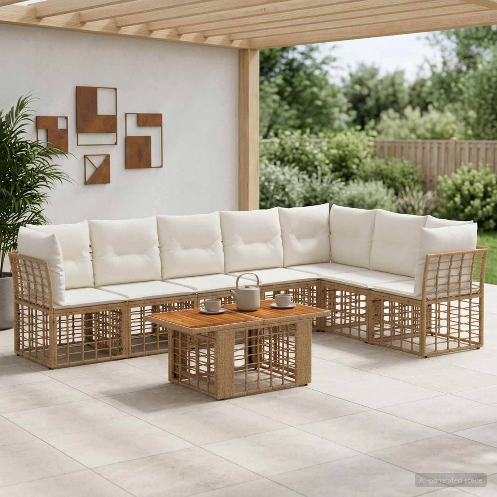 Außenterrasse mit einem beigen L-förmigen Sectional und passendem Couchtisch unter einer Pergola, vor einem Garten und Wanddekorationen.