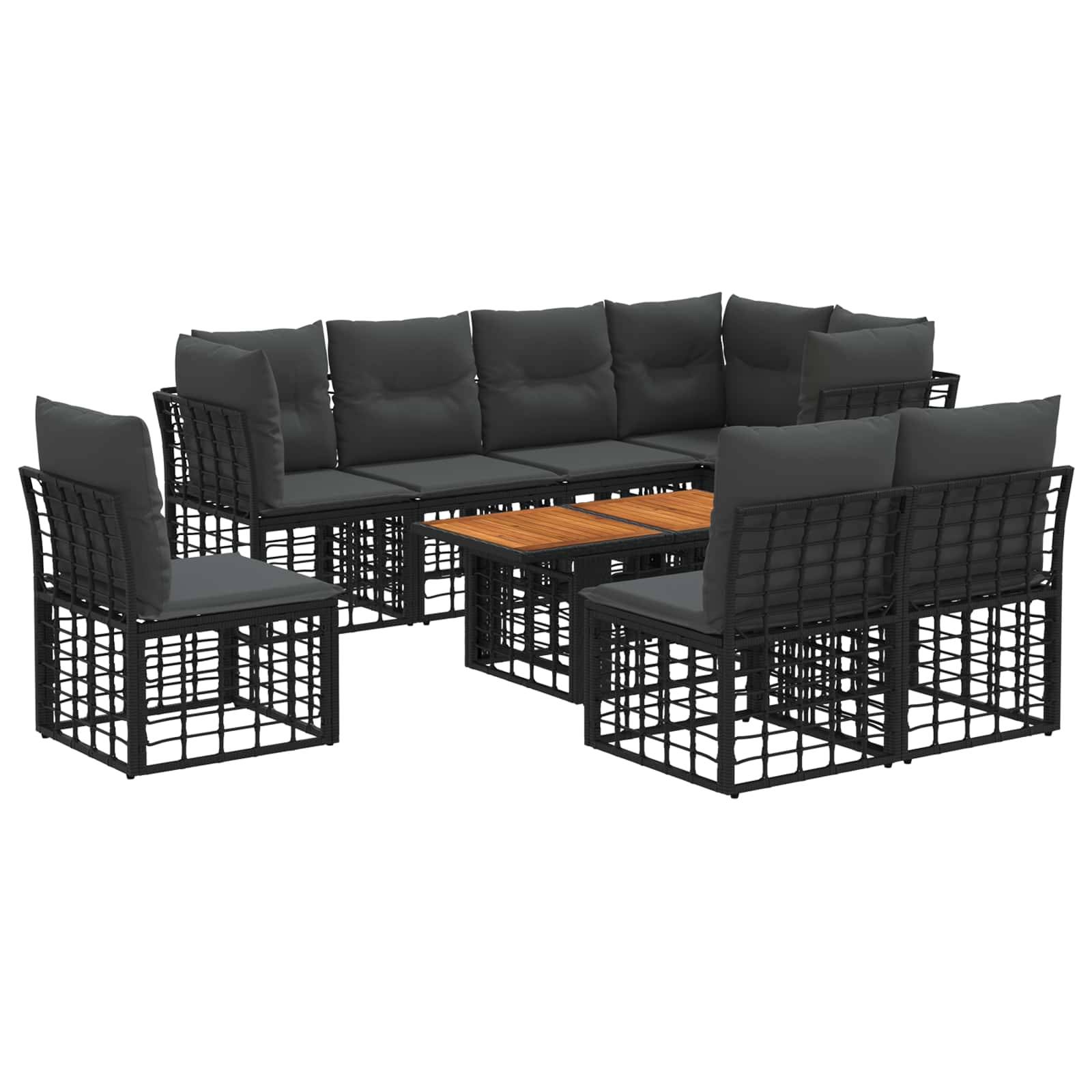 Gartenmöbel-Gesprächsset mit schwarzem Metallrahmen-Würfeldesign, grauen Kissen und kleinem Couchtisch mit Holzplatte.