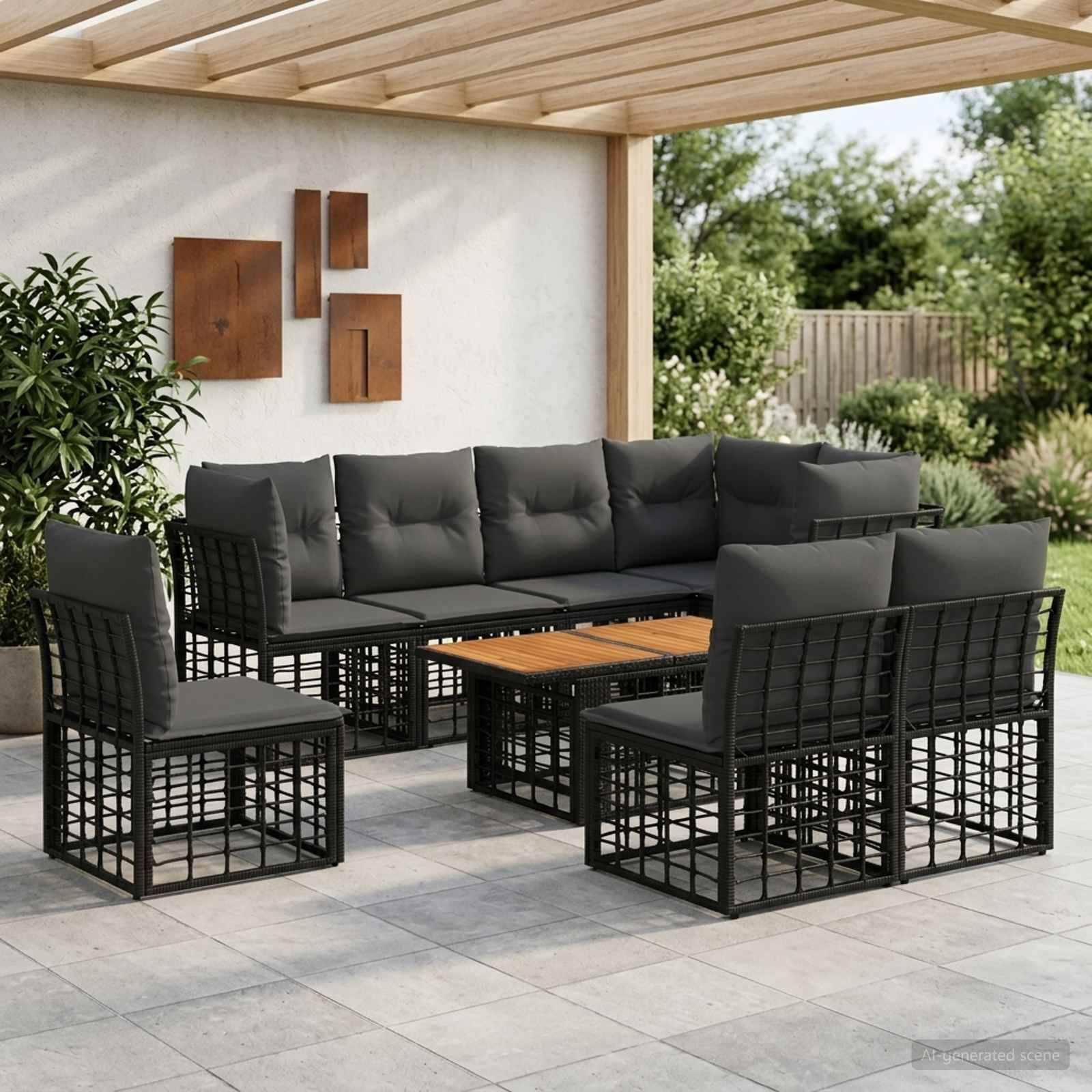 Sitzgruppe für die Außenterrasse mit schwarzem Metallrahmen-Sofa, Stühlen und Couchtisch unter einer Pergola, mit grauen Kissen.