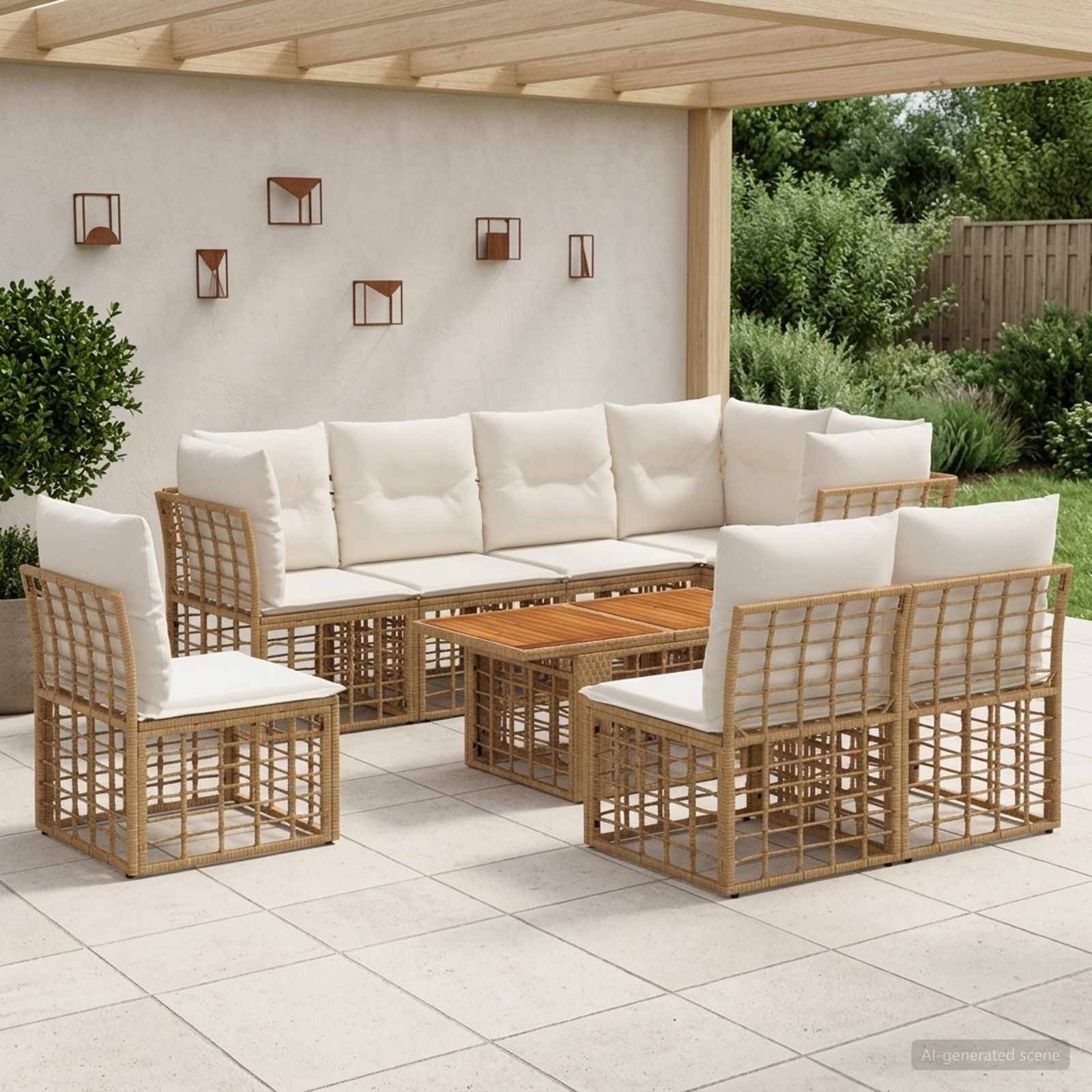 Gartenmöbel-Set für die Terrasse mit cremefarbenen Kissen und geflochtenen Rattanrahmen im Stil, angeordnet um einen Couchtisch unter einer Pergola.