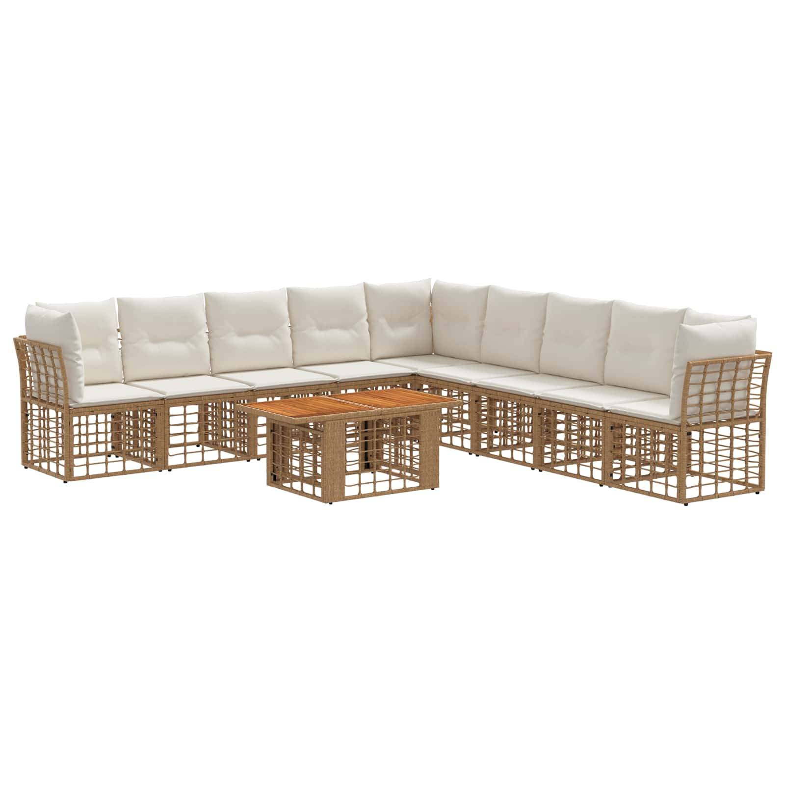 L-förmiges Außen-Loungemöbelset mit beigen Kissen, Rattanrahmen und passendem quadratischem Couchtisch auf weißem Hintergrund.