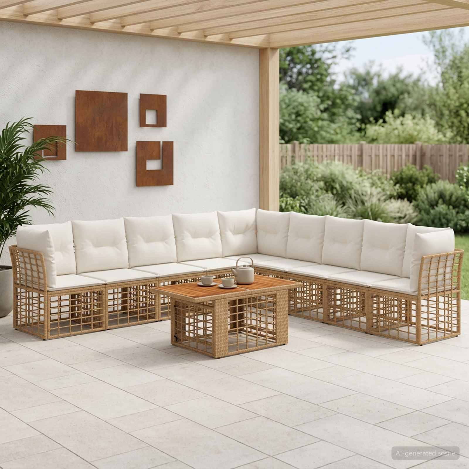 Terrassenbereich im Freien mit einem Rattan-Ecksofa, weißen Kissen und passendem Couchtisch unter einer Pergola in einem modernen Gartensetting.