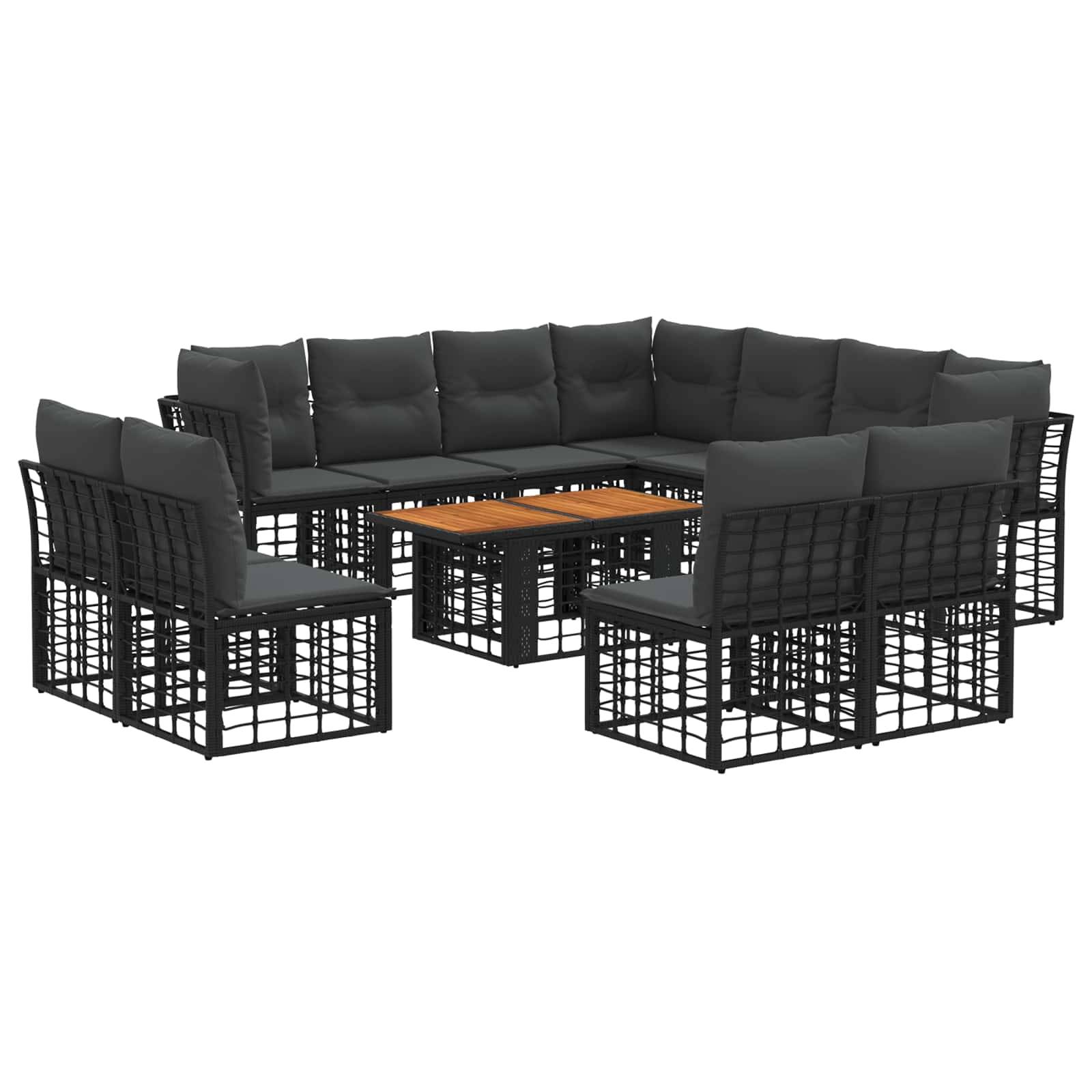Schwarzes Rattan-Außen-Ecksofa-Set mit grauen Kissen und einem Couchtisch mit Holzplatte auf weißem Hintergrund.