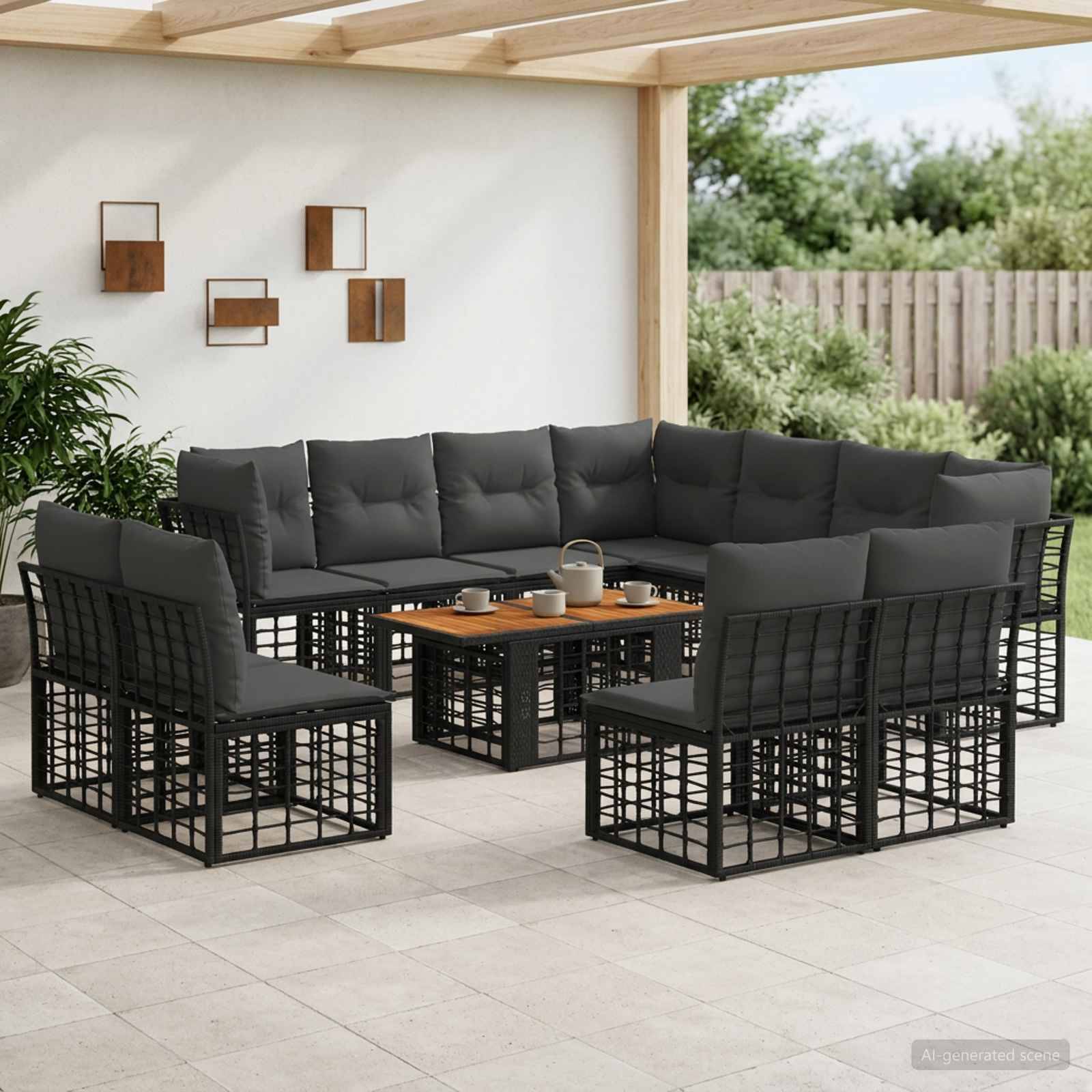 Outdoor-Loungeset für die Terrasse mit grauer Eckbank, passenden Sesseln und einem Couchtisch unter einer überdachten Pergola.