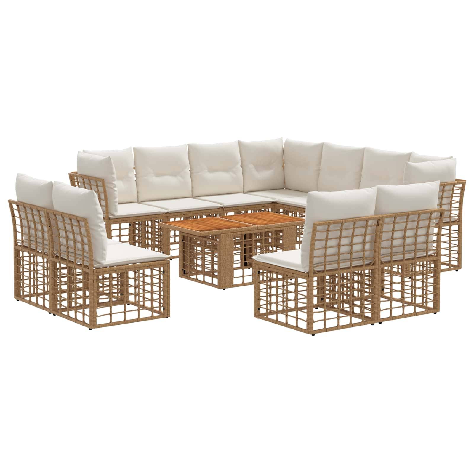 Sechsteiliges Outdoor-Polyrattan-Patio-Ecksofa-Set mit weißen Kissen und passendem Couchtisch, in U-Form auf weißem Hintergrund angeordnet.