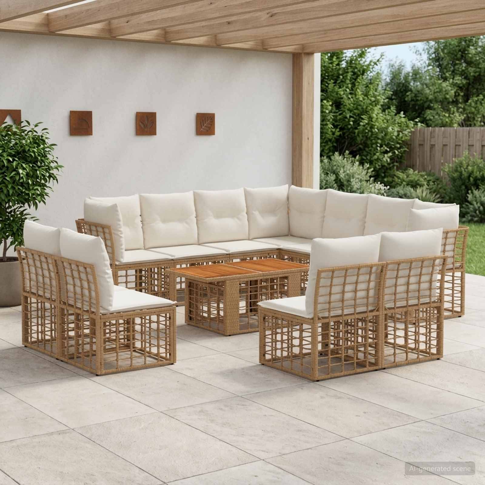 Outdoor-Terrassenmöbel-Set mit beigen Kissen, bestehend aus einem Sectional-Sofa, zwei Stühlen und einem Couchtisch unter einer überdachten Terrasse.