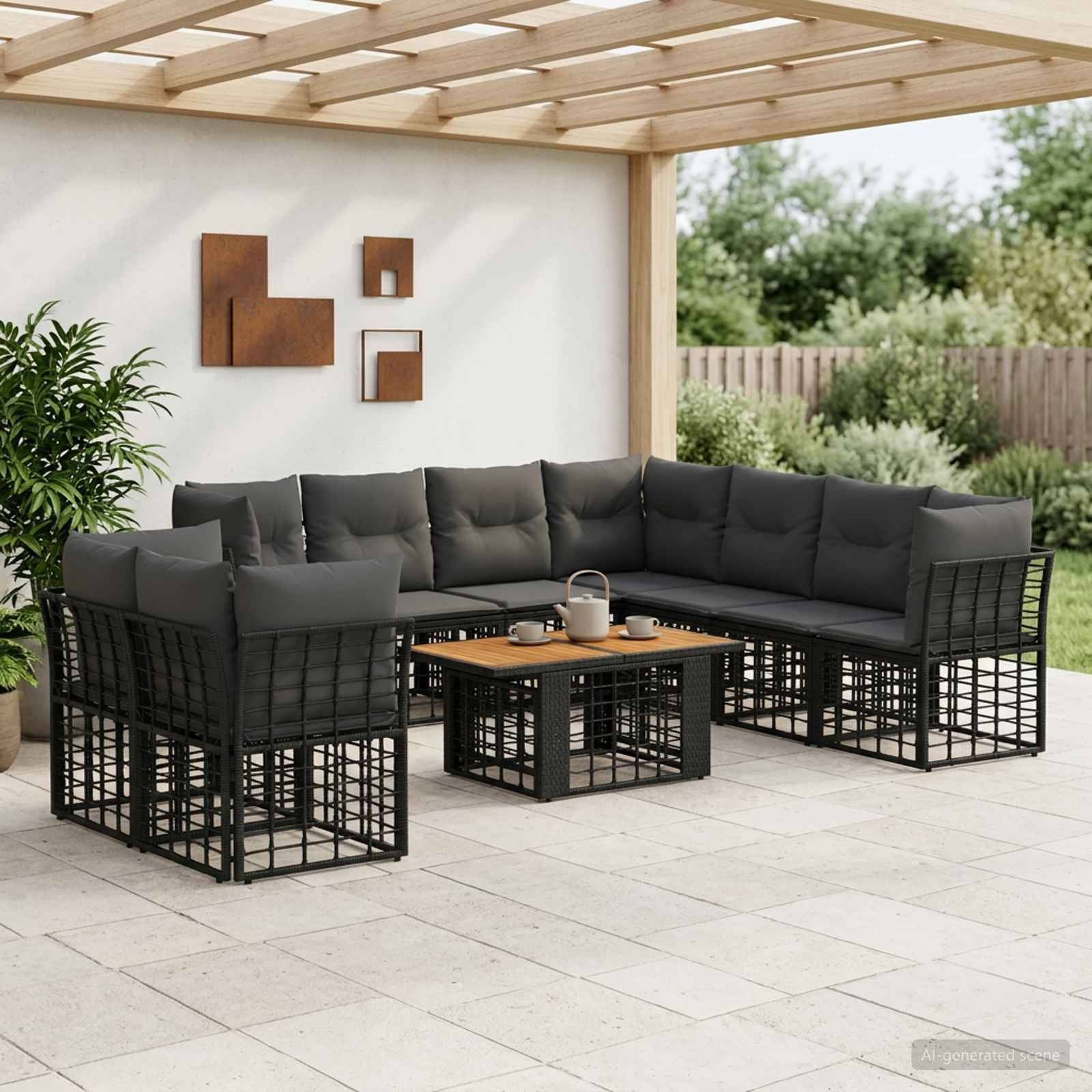 Außenbereich mit Sitzecke und schwarzem L-förmigem Ecksofa, Kissen, Couchtisch und Pergola-Dach in einem eingezäunten Garten.
