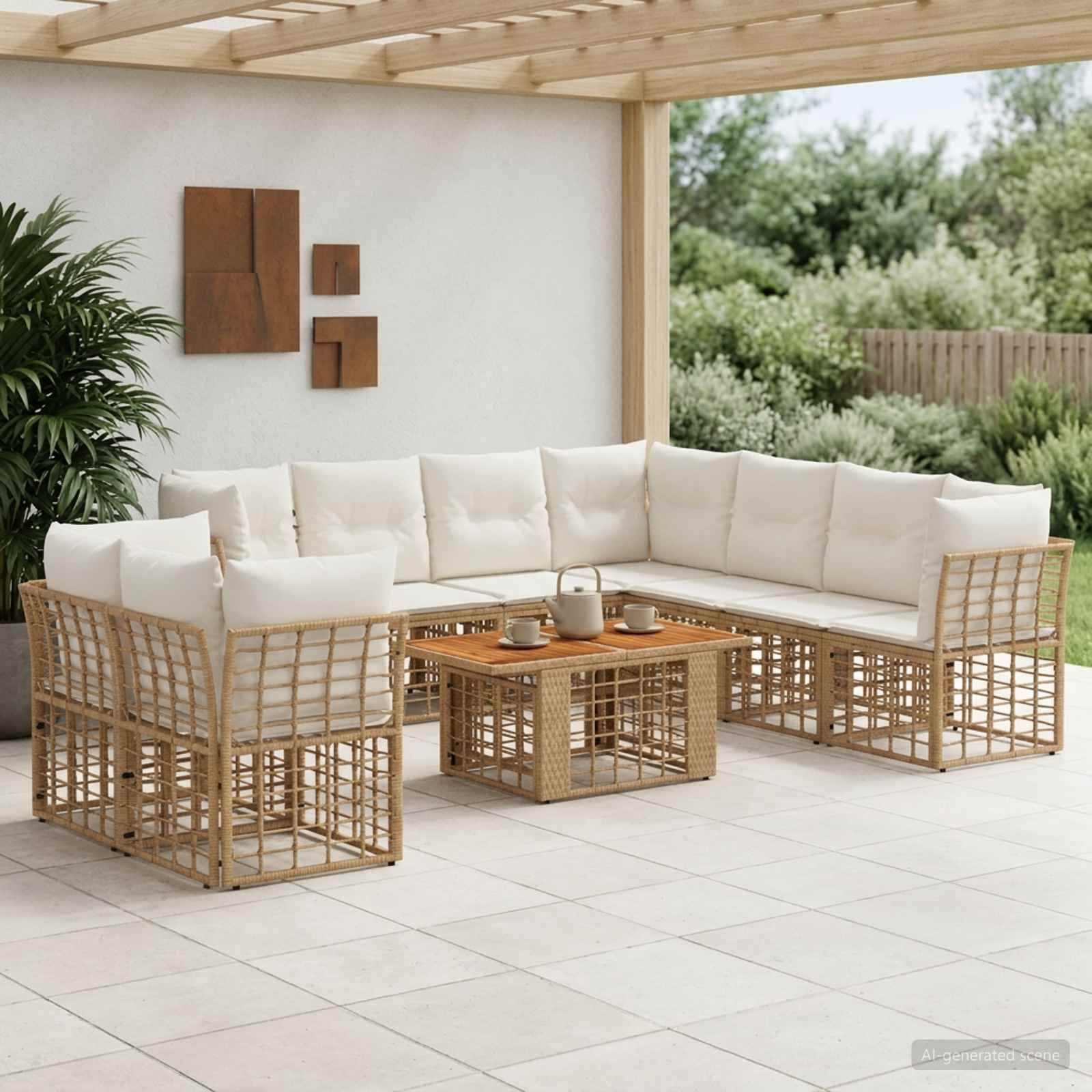 Außenbereich-Sitzmöbel-Set mit cremefarbenen Kissen und geflochtenen Holzrahmen, die um einen quadratischen Couchtisch unter einer überdachten Terrasse angeordnet sind.