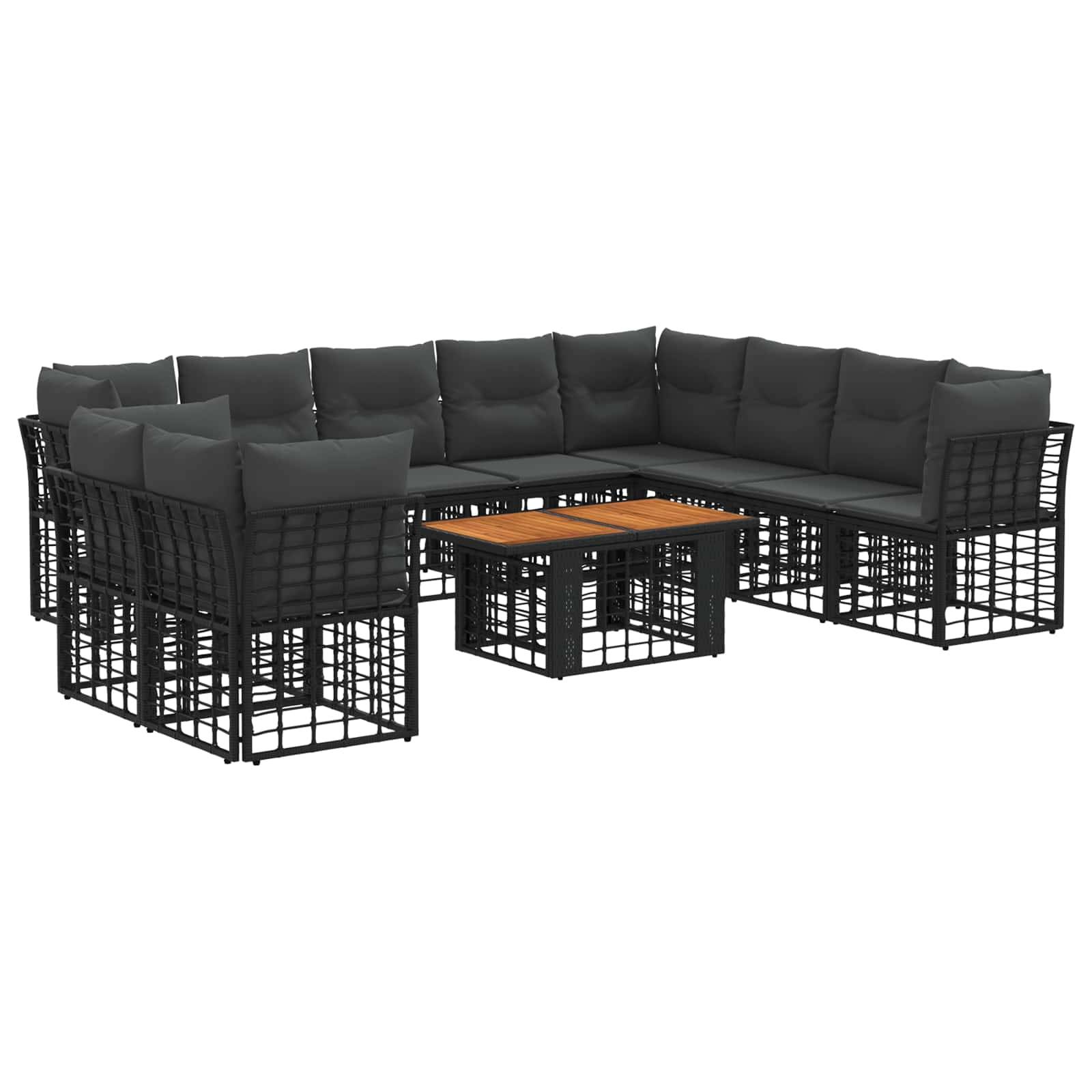 Outdoor-Sektionalsofa-Set mit schwarzem Metallrahmen, dunklen Kissen und kleinem Holz-Couchtisch auf weißem Hintergrund.