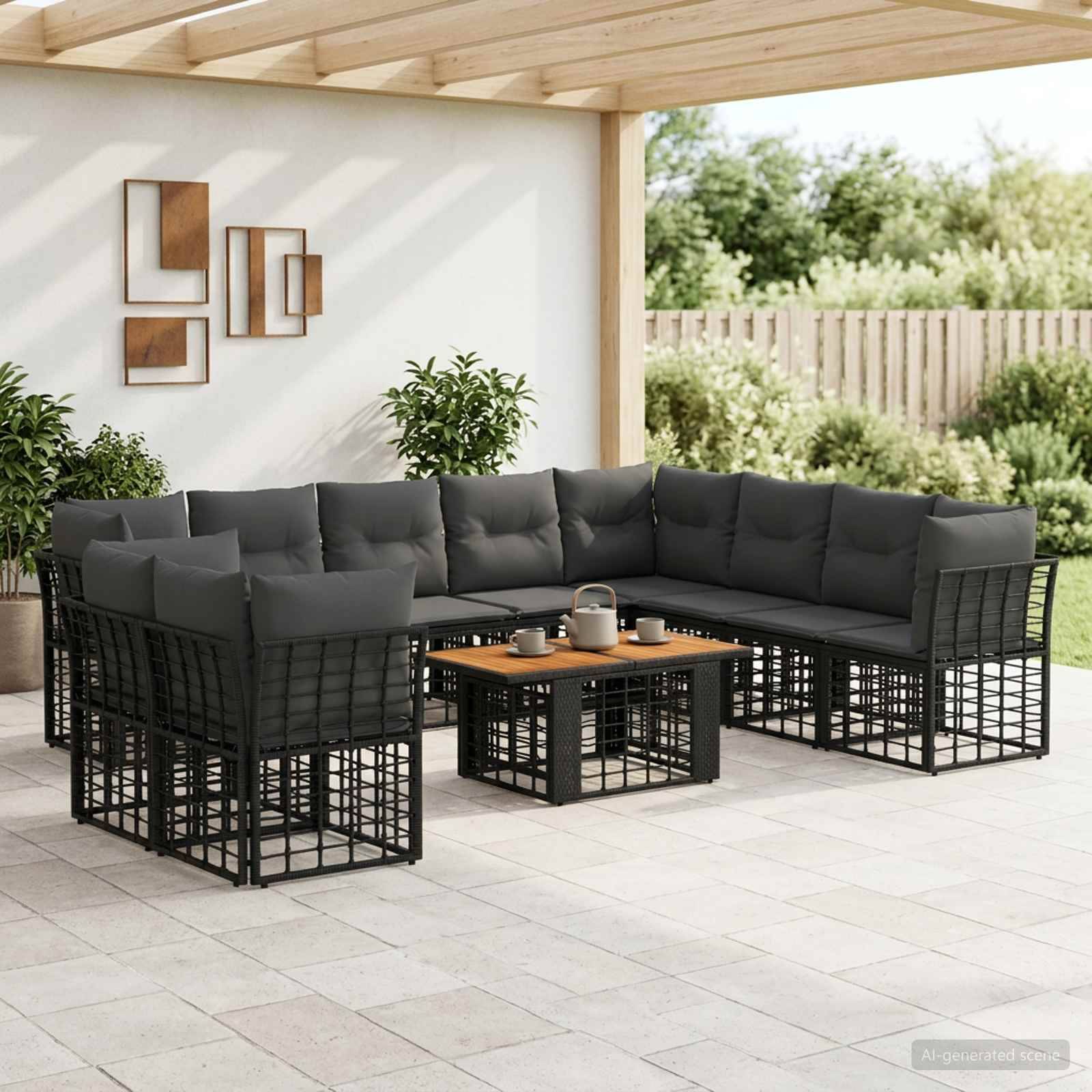 Outdoor-Sitzbereich auf der Terrasse mit dunkelgrauem L-förmigem Sectional-Sofa und Couchtisch unter einer Holzpergola.