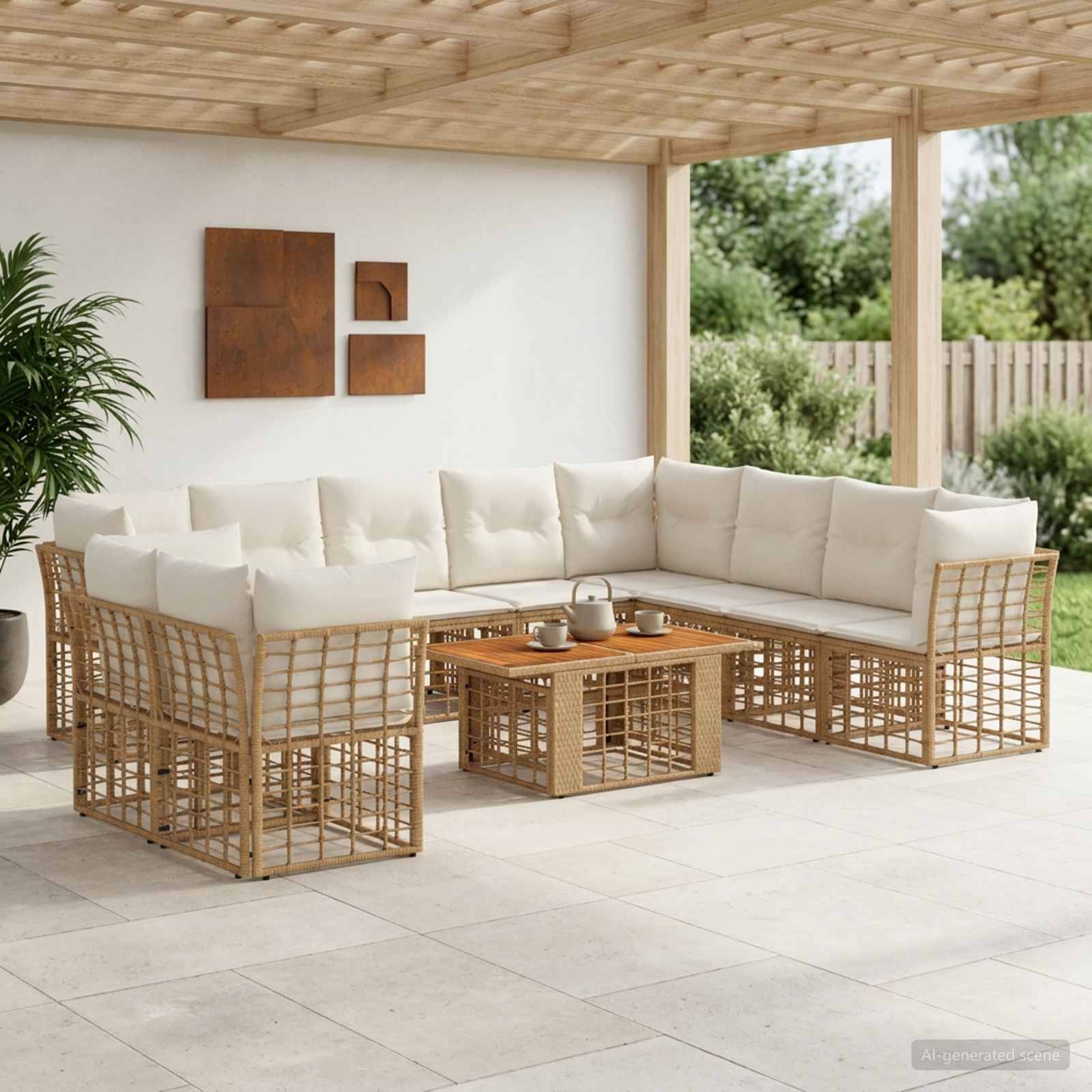 Überdachte Außenterrasse mit einem L-förmigen Korbsektionalsofa und Couchtisch, ausgestattet mit cremefarbenen Kissen und minimalistischem modernem Design.